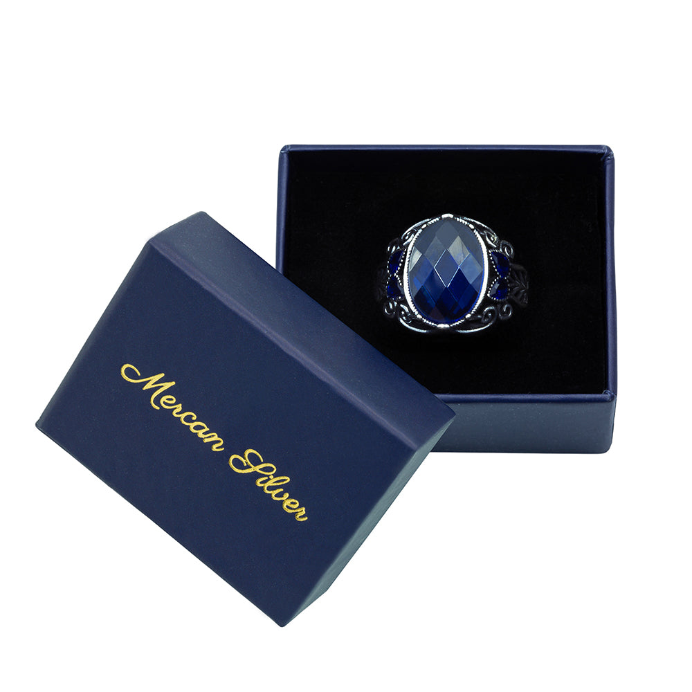 Men Sterling Silver Oval Blue Sapphire Ring