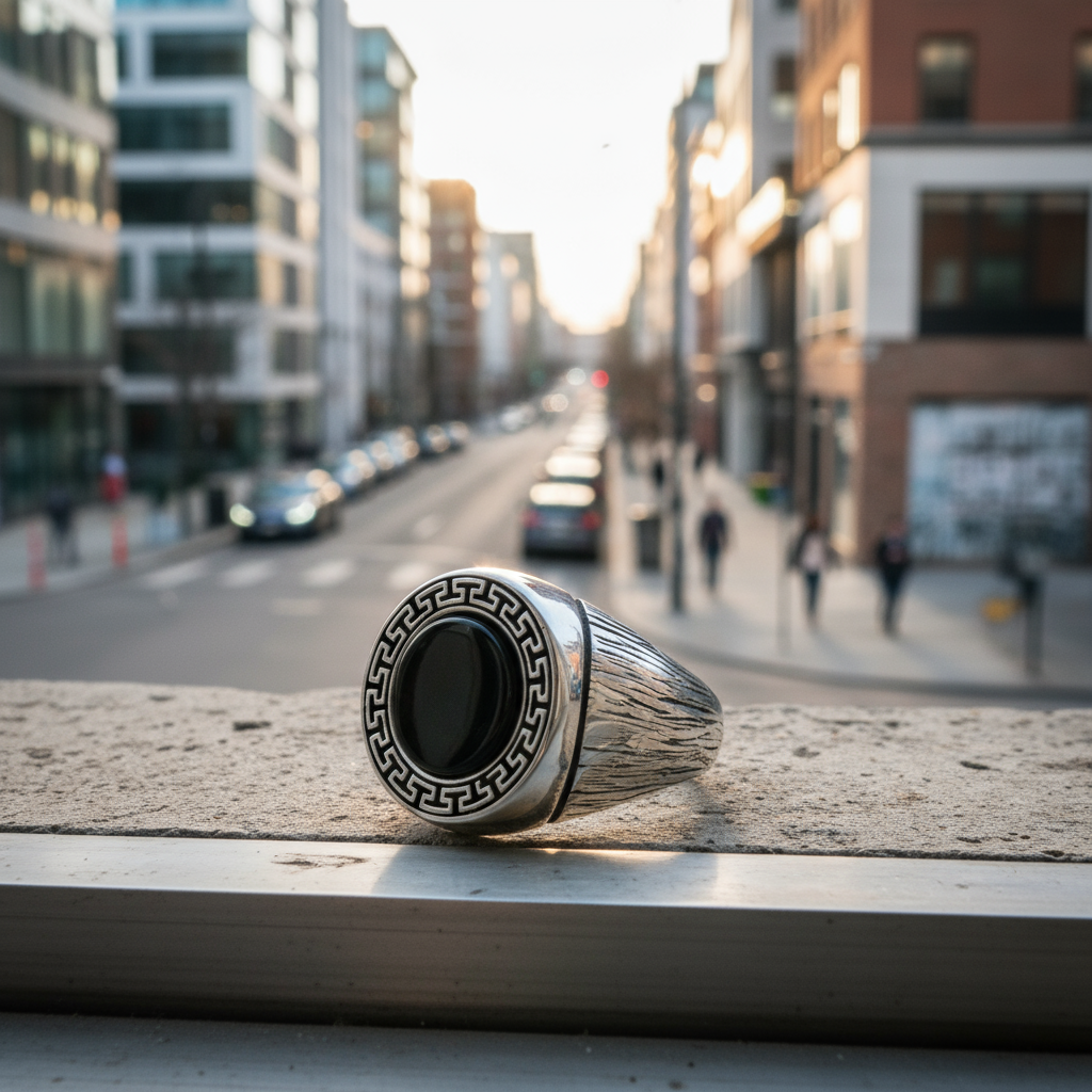 925 Sterling Silver Greek Design Round Onyx Gemstone Ring