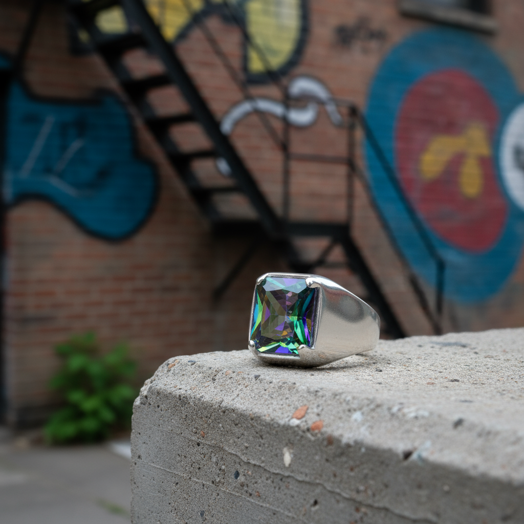 Solid Silver Mens Square Mystic Topaz Ring