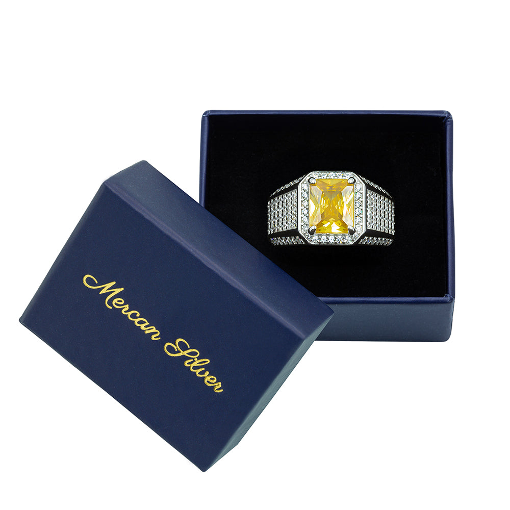 Men Silver Square Citrine Solid Silver Ring