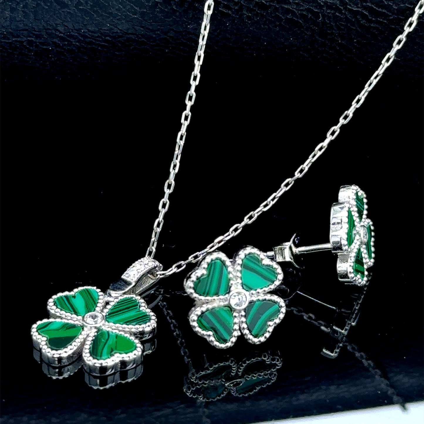 Silver Malachite Gemstone Clover Necklace & Earrings Set