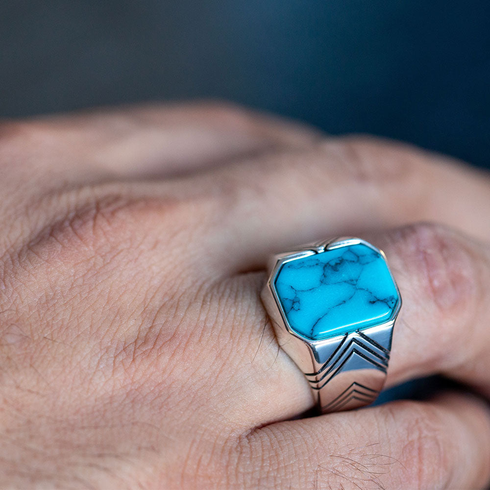 925 Men Sterling Silver Square Turquoise Ring