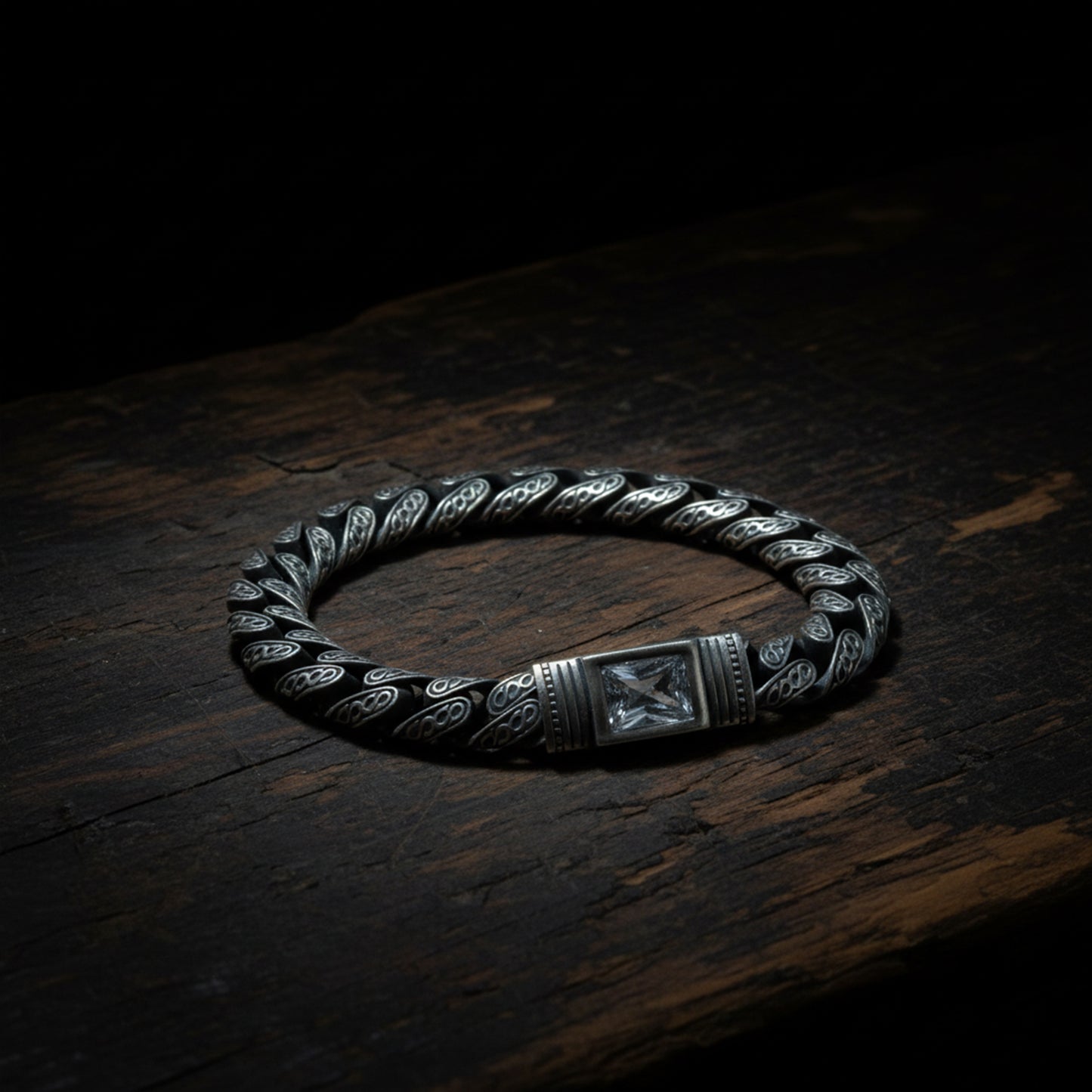 Men Handmade Engraved Square Moissanite Stone Cuban Chain Bracelet