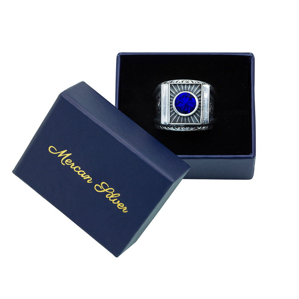 Men Silver Blue Sapphire Gemstone Engraved Signet Ring
