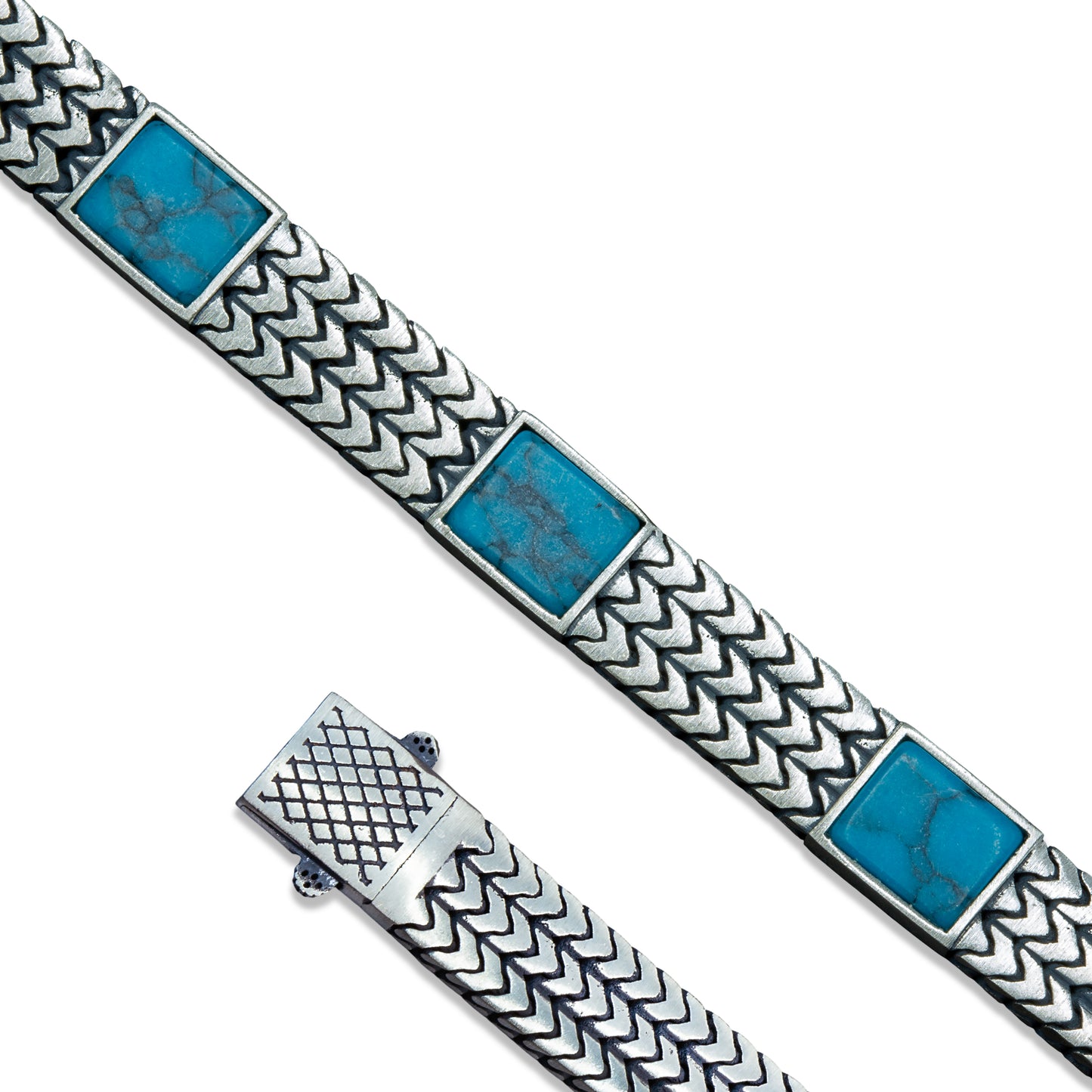 Men Silver Handmade Foxtail Chain Square Turquoise Gemstone Bracelet