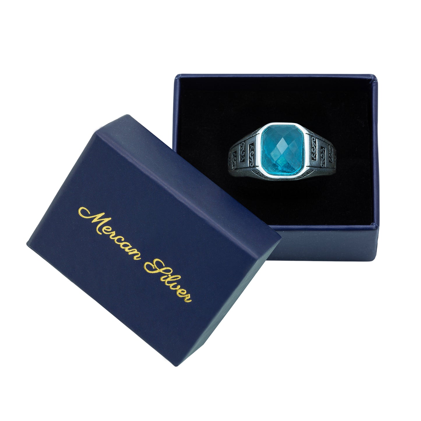 Men Sterling Silver Minimal Blue Aquamarine Ring