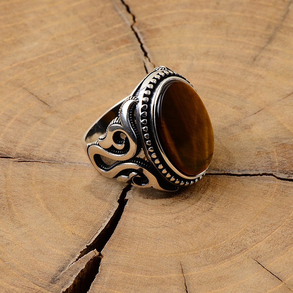 Men Silver Handmade Tiger Eye Stone Ring