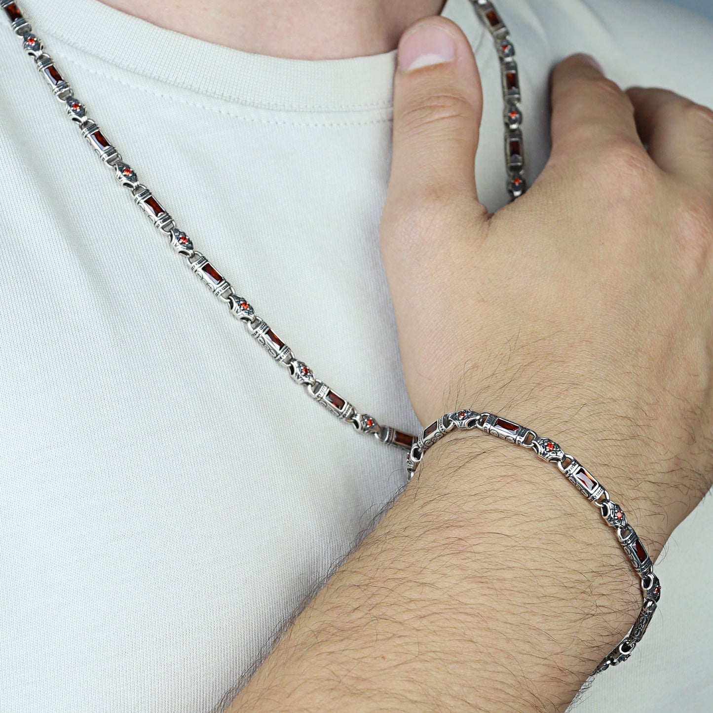 Silver Handmade Engraved Vintage Ruby Gemstone Chain Link Necklace