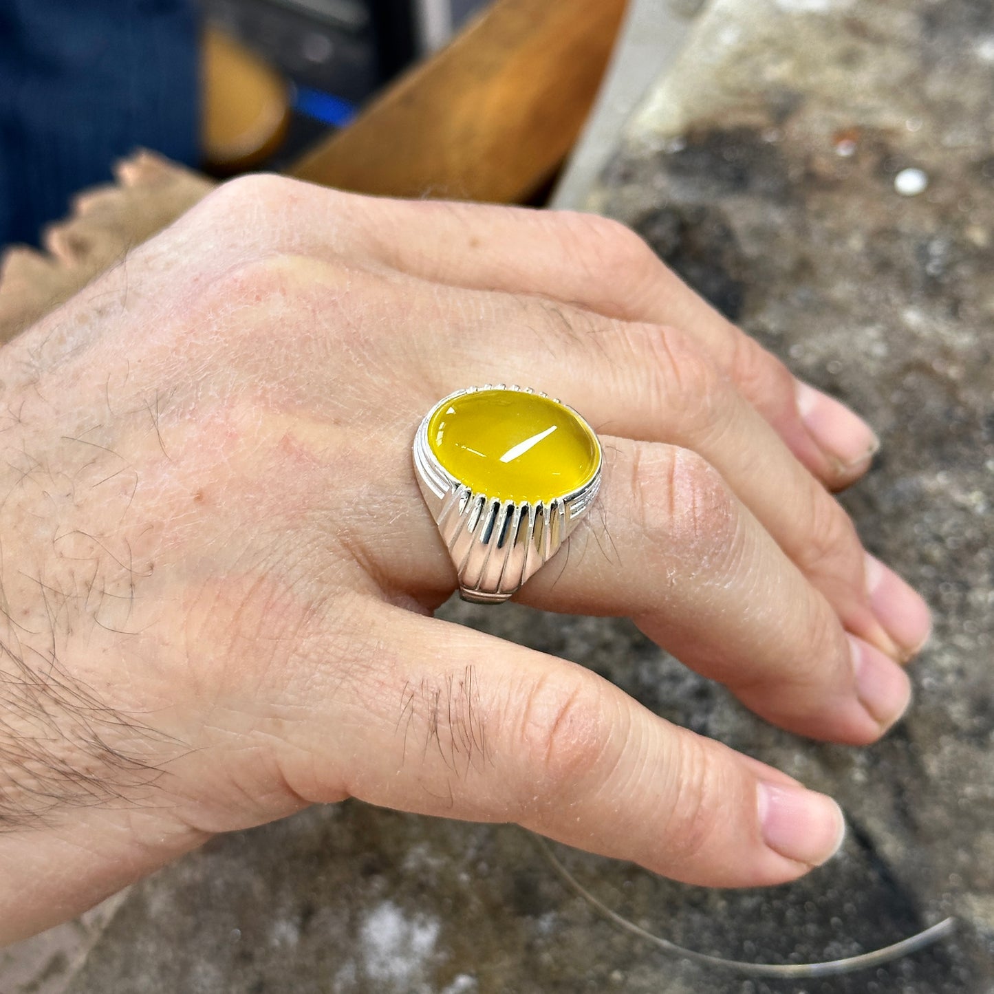 Silver Handmade Oval Yellow Agate Stone Men Ring