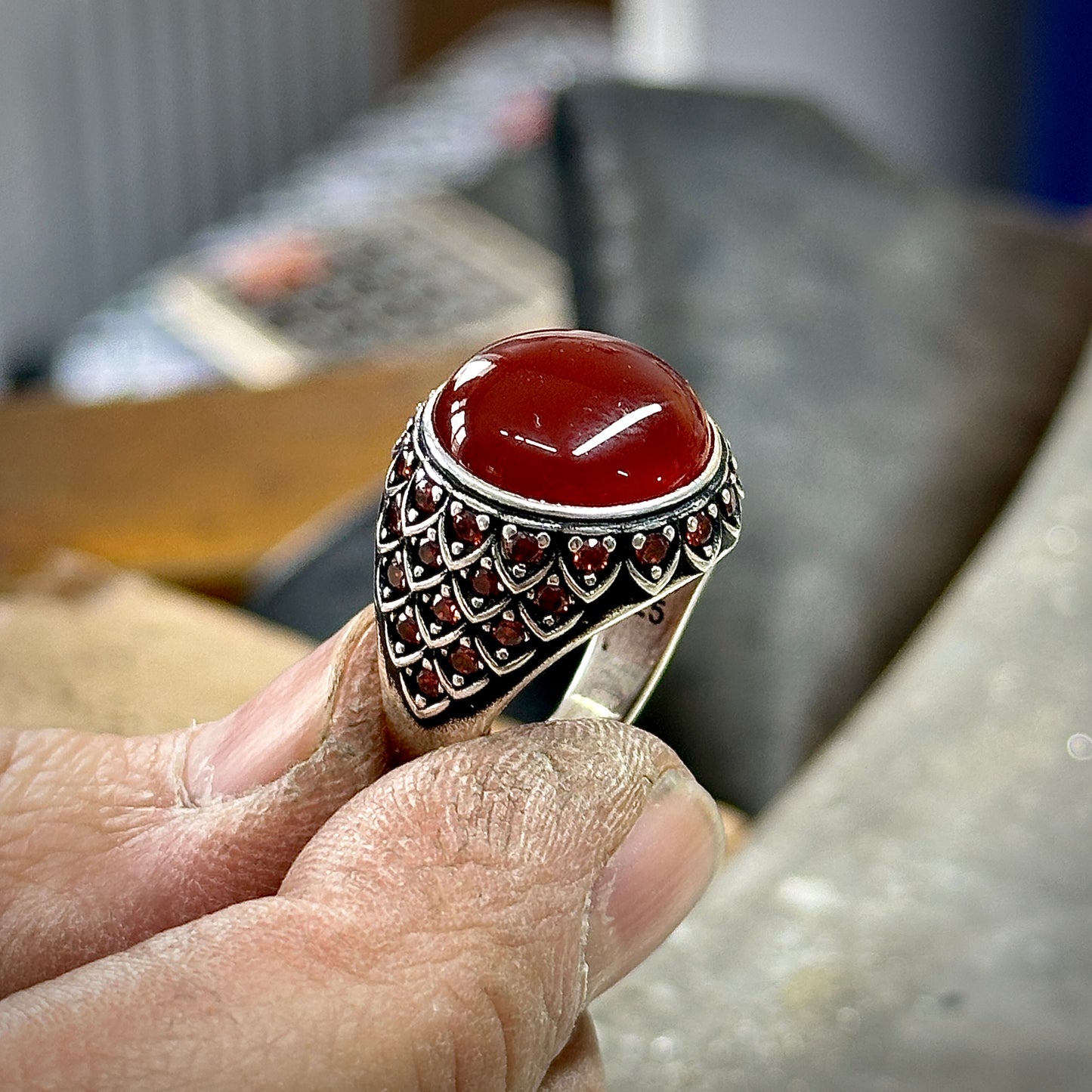 Men Handmade Round Agate ( Aqeeq ) Gemstone Micro Stone Ring