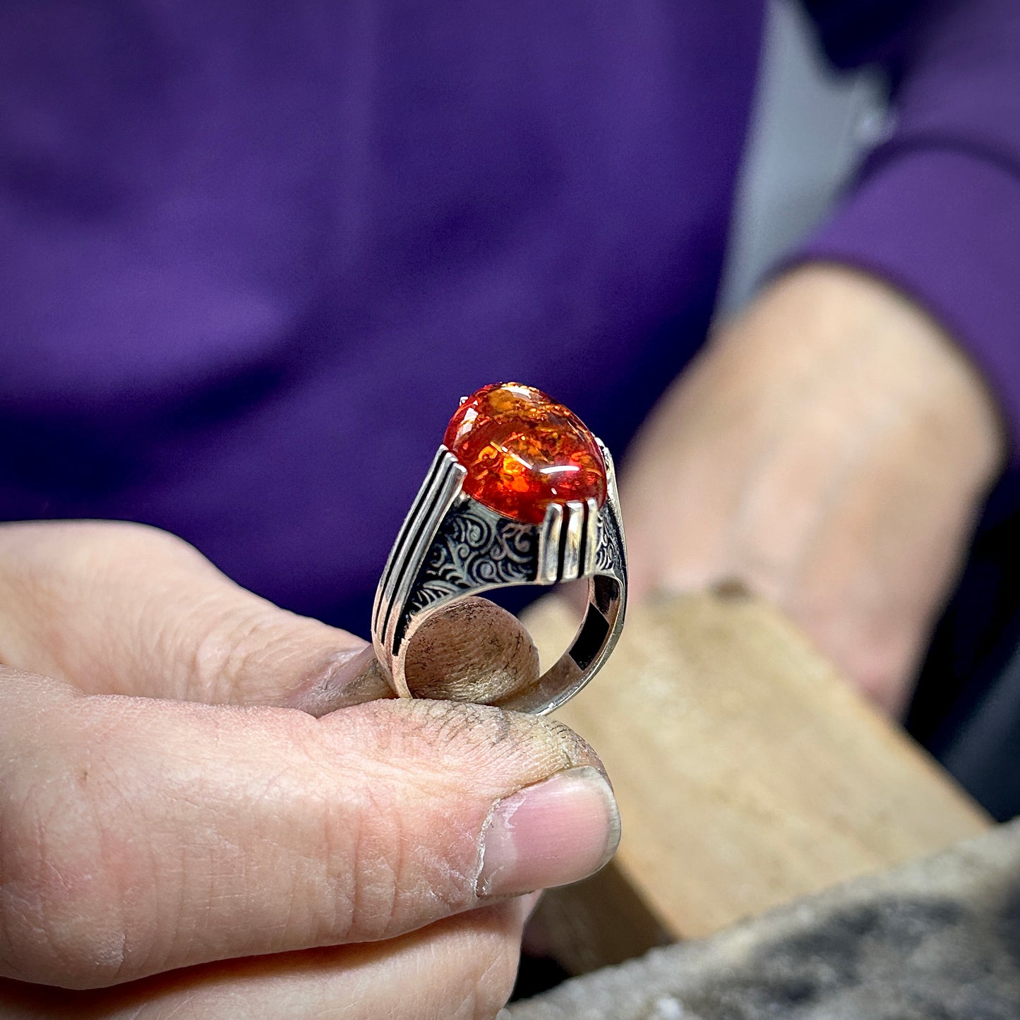 Men Handmade Ottoman Style Natural Amber Gemstone Ring