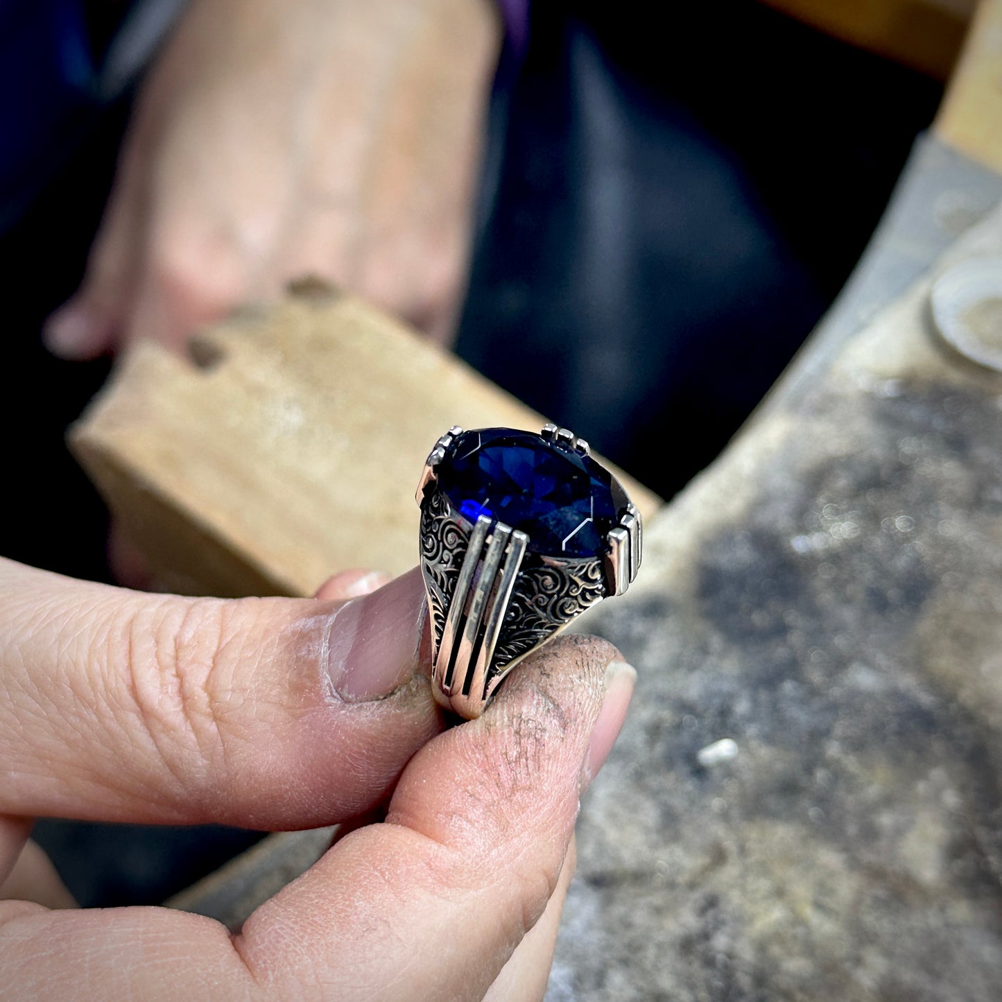 Men Handmade Silver Ottoman Style Sapphire Ring