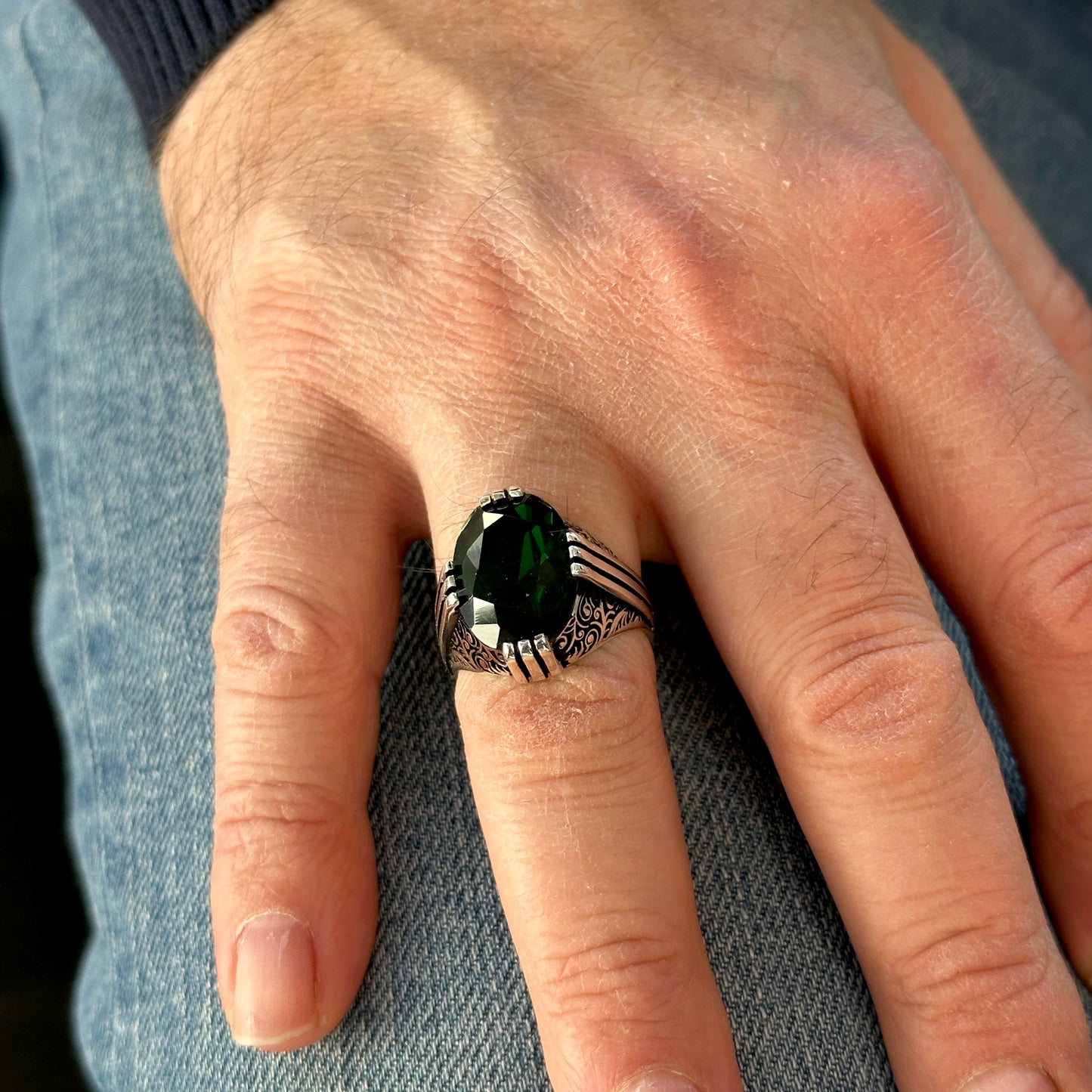 Men Handmade Ottoman Style Emerald Stone Men Ring