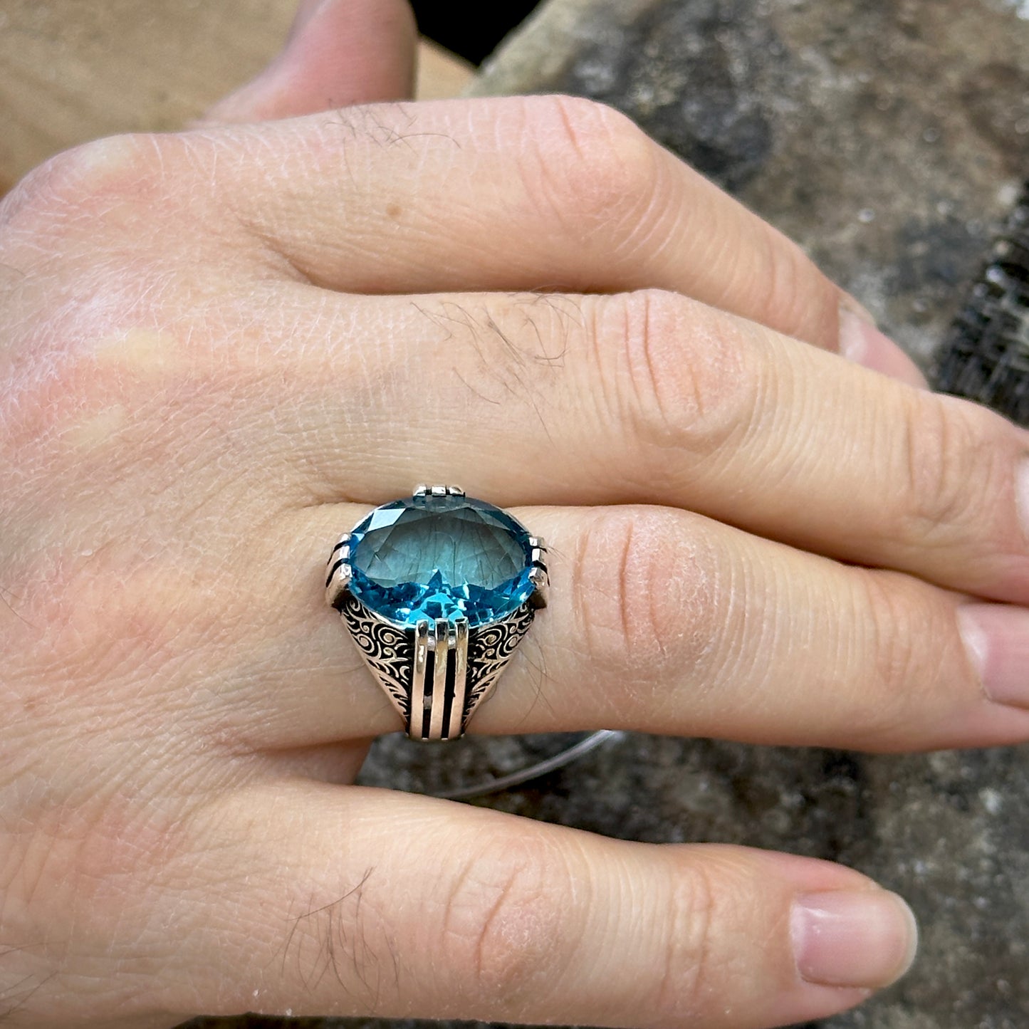 Men Handmade Ottoman Style Oval Aquamarine Stone Silver Ring