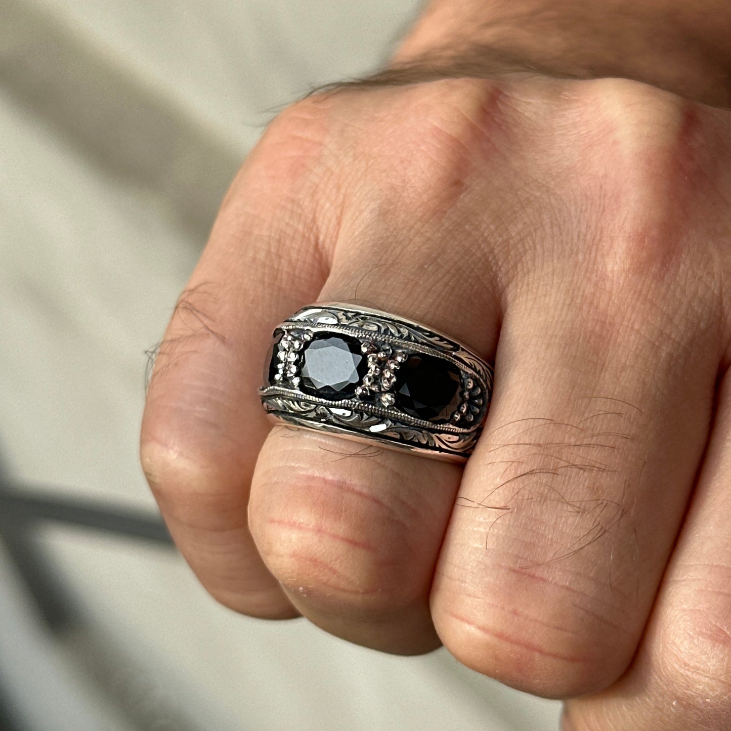 Men Handmade Black Zircon Gemstone Engraved Band Ring