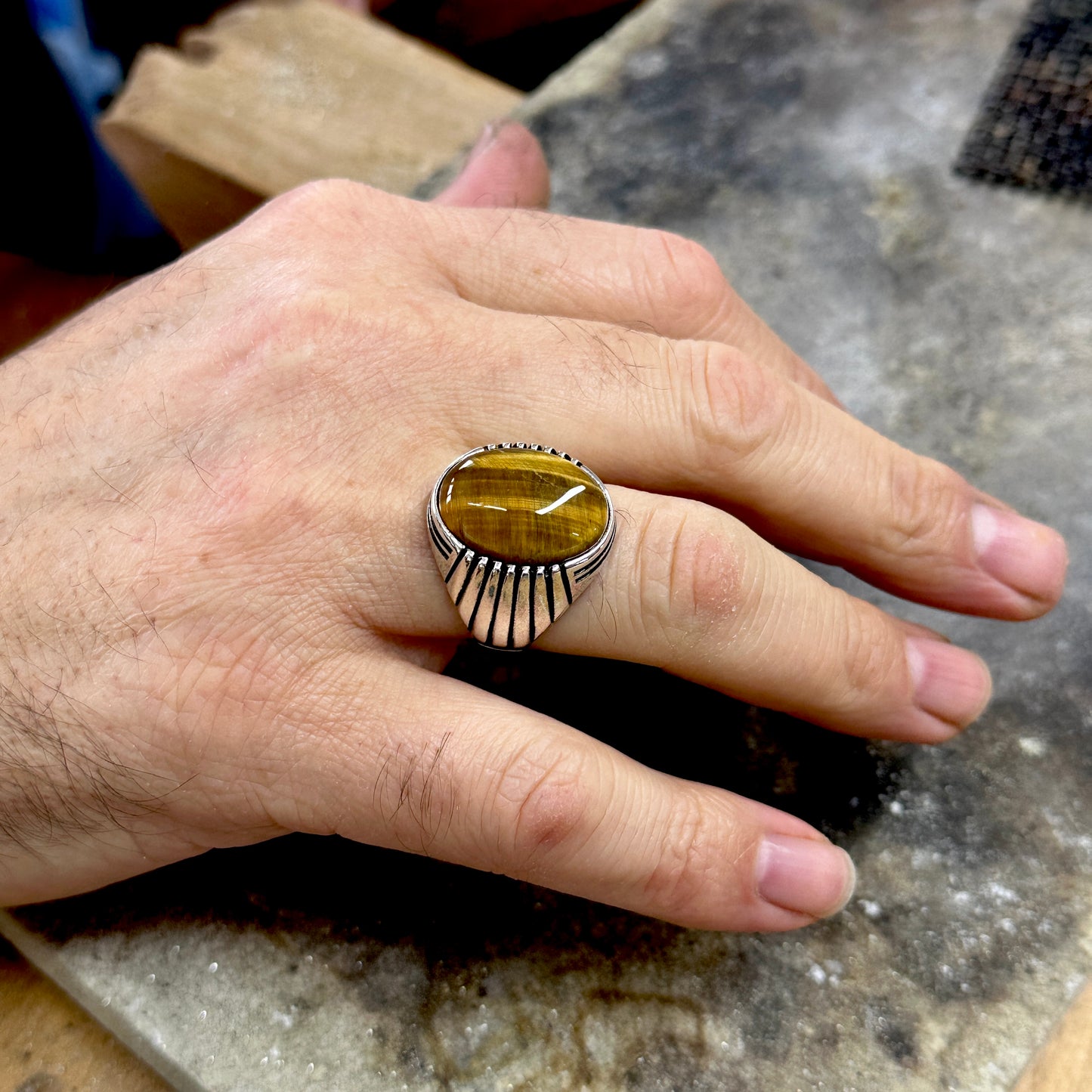 Men Handmade Silver Turkish Tiger Eye Gemstone Ring