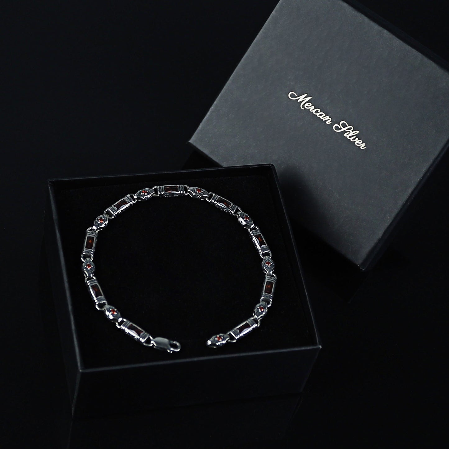 Men Silver Ruby Hand-Engraved Byzantine Chain Bracelet Ruby Link Chain Men Bracelet