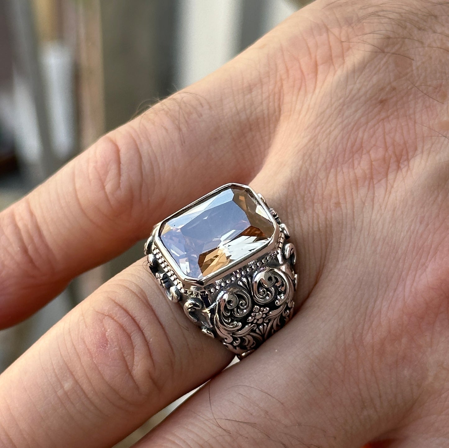 Men Handmade Engraved Yellow Citrine Gemstone Ring