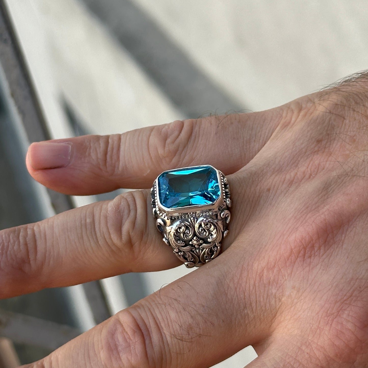 Silver Handmade Men Engraved Aquamarine Stone Ring (Express) Shipping