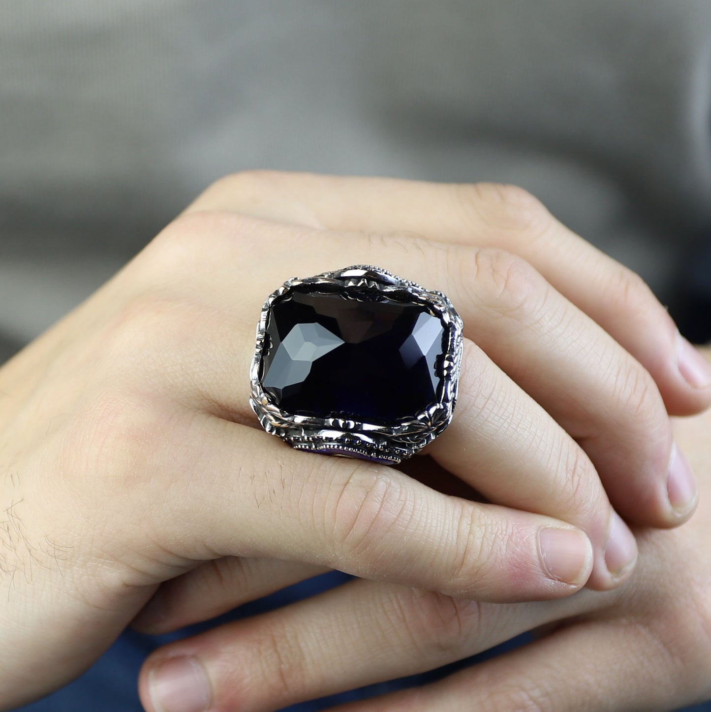 Men Handmade Square Large Sapphire Gemstone Ottoman Ring