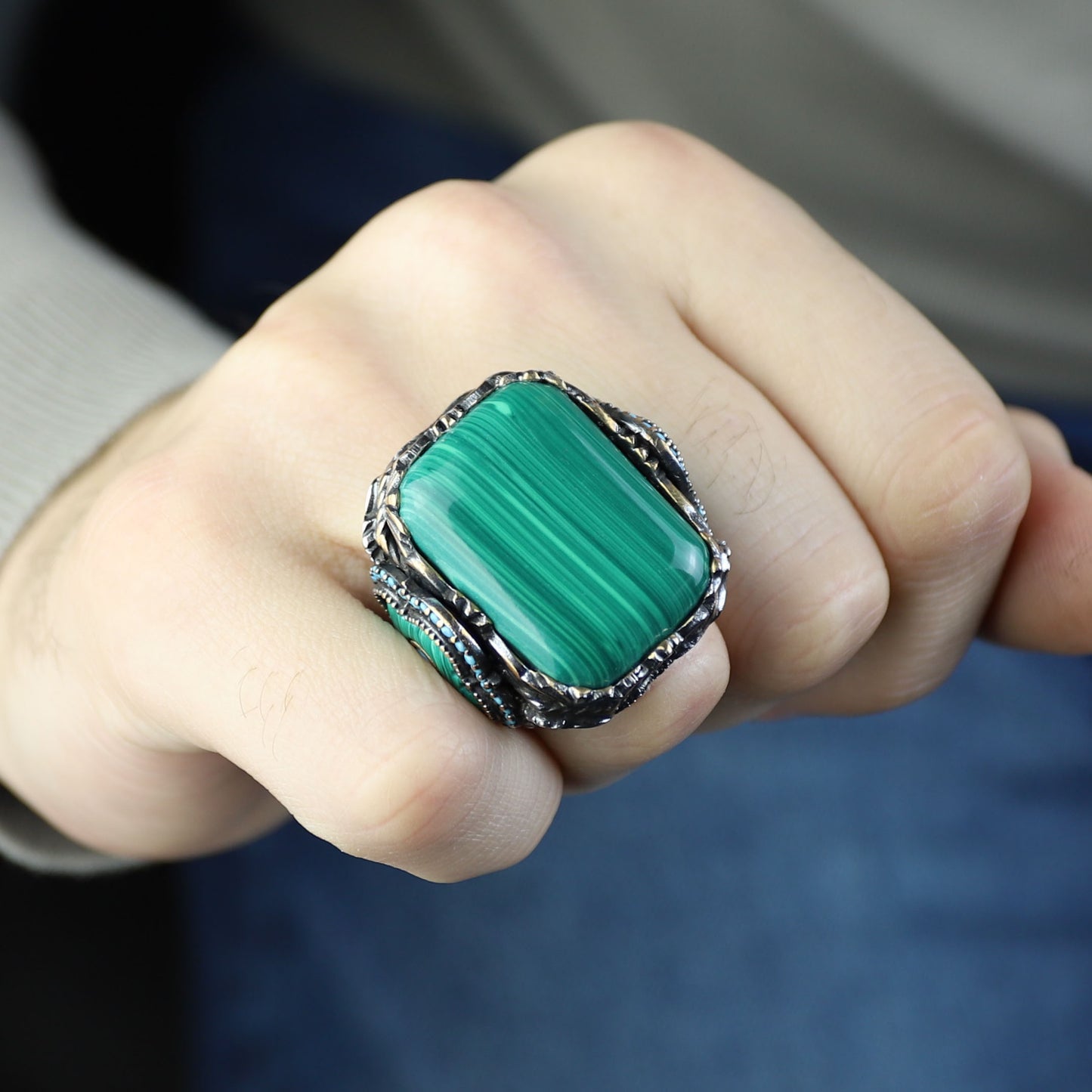 Men Silver Large Natural Malachite Turkish Handmade Ring