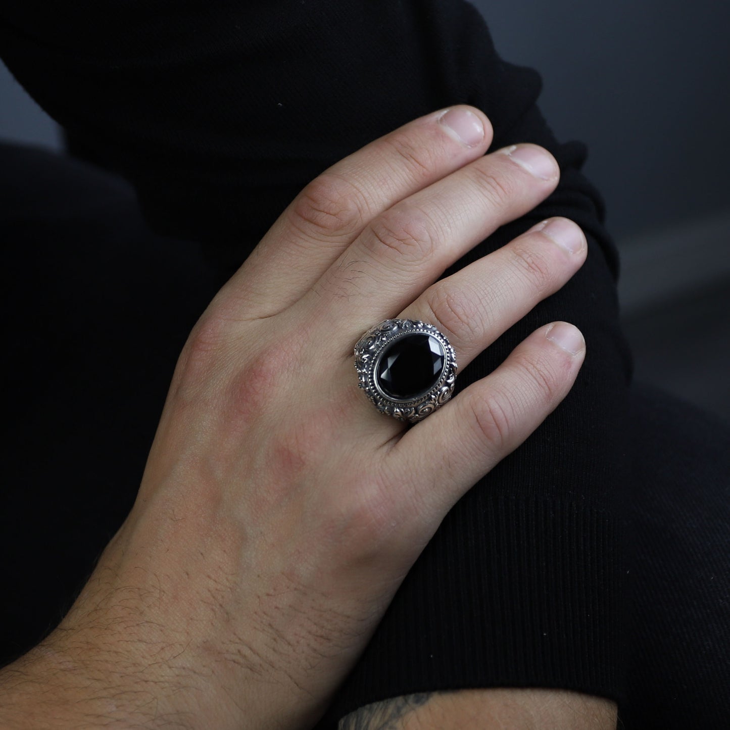 Men Silver Engraved Black Onyx Vintage Ring