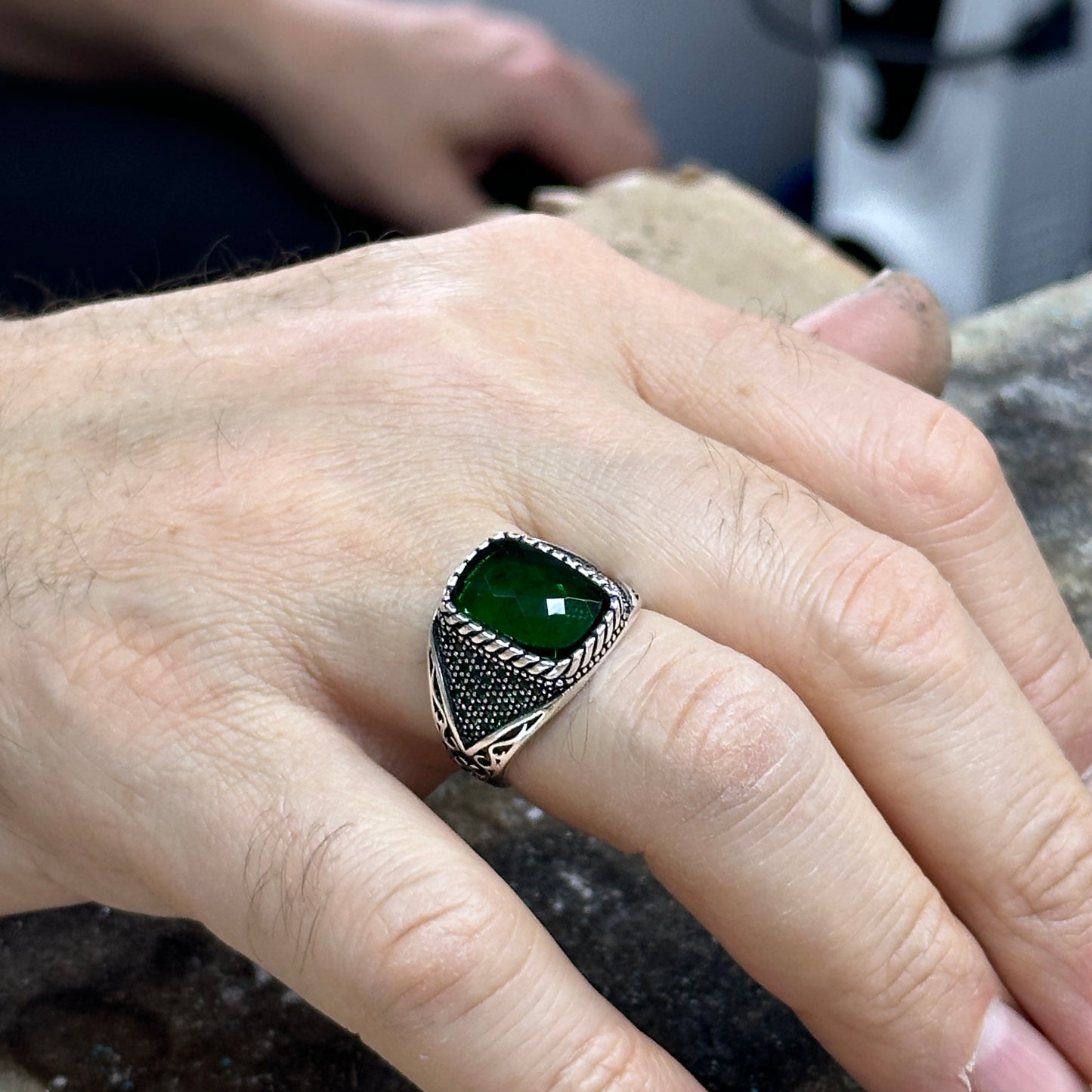 Men Handmade Micro Gemstone Emerald Stone Ring