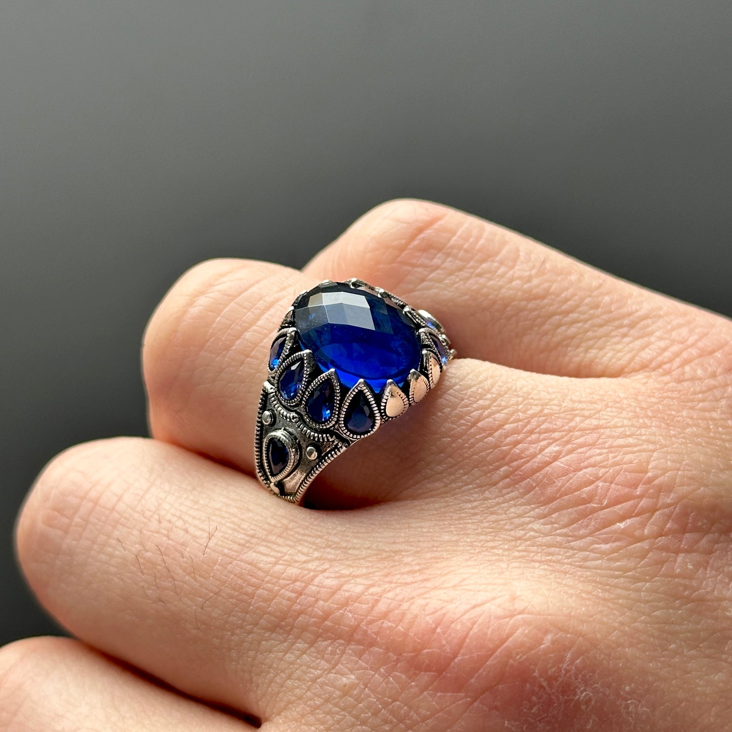 Men Handmade Minimal Ottoman Style Sapphire Stone Ring