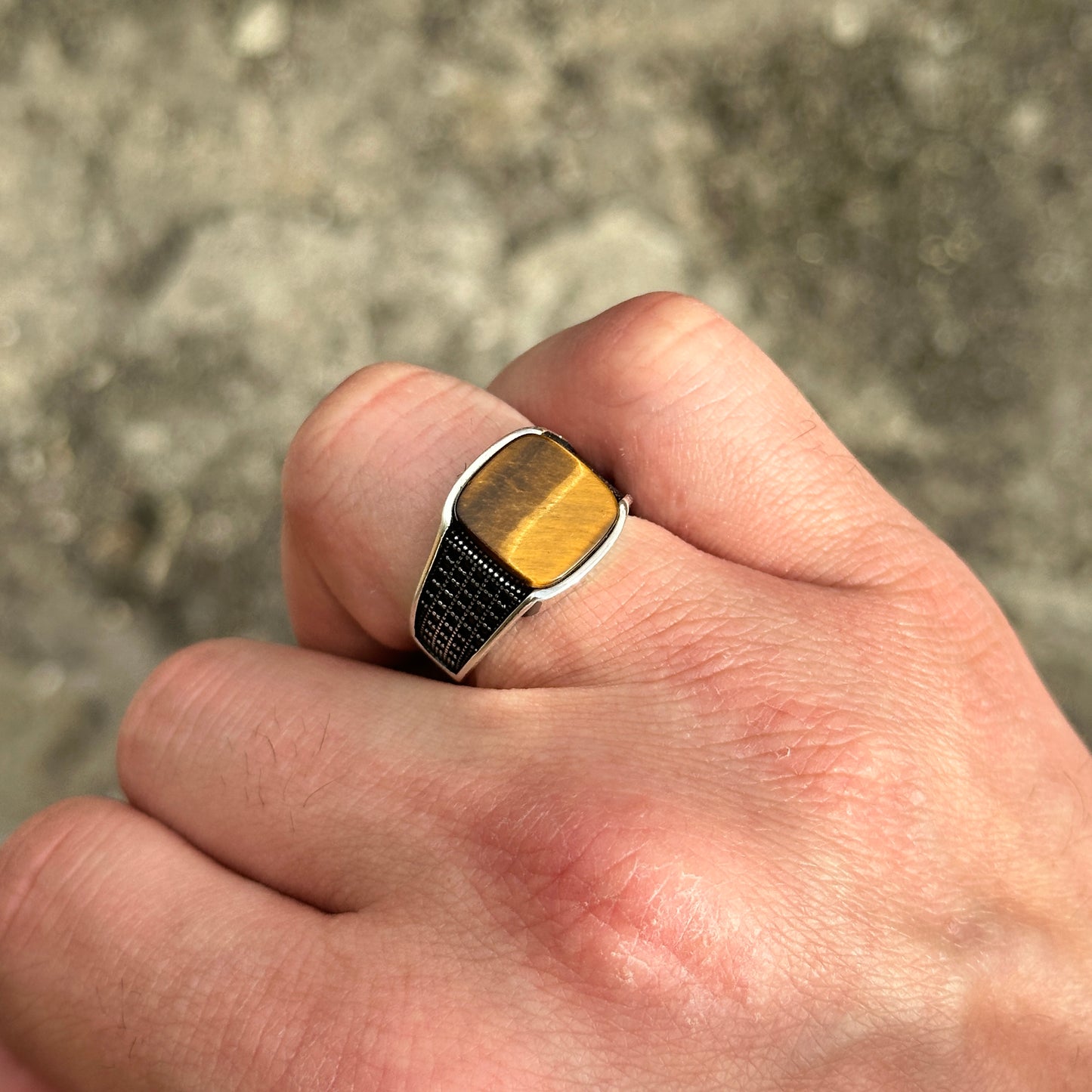 Men Handmade Minimal Square Tiger Eye Gemstone Ring