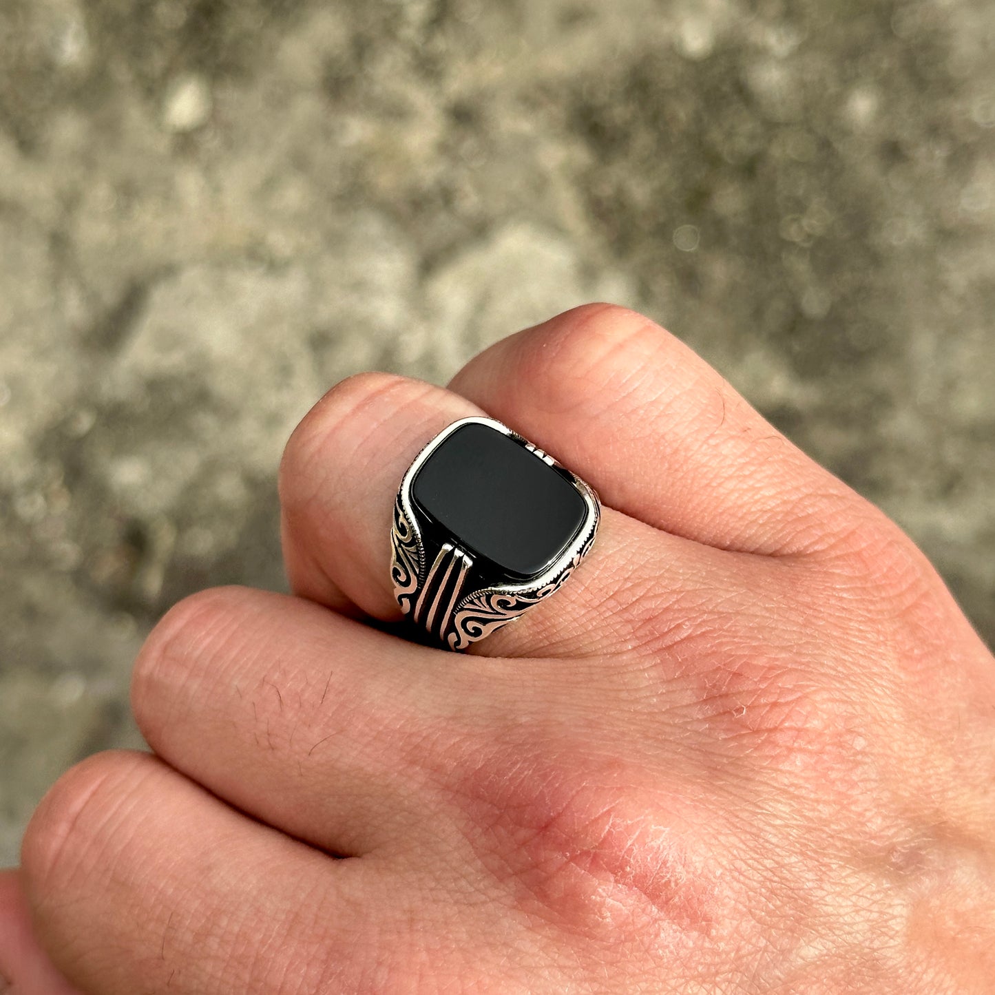 Männer Silber Quadrat Onyx Edelstein Männer Ring