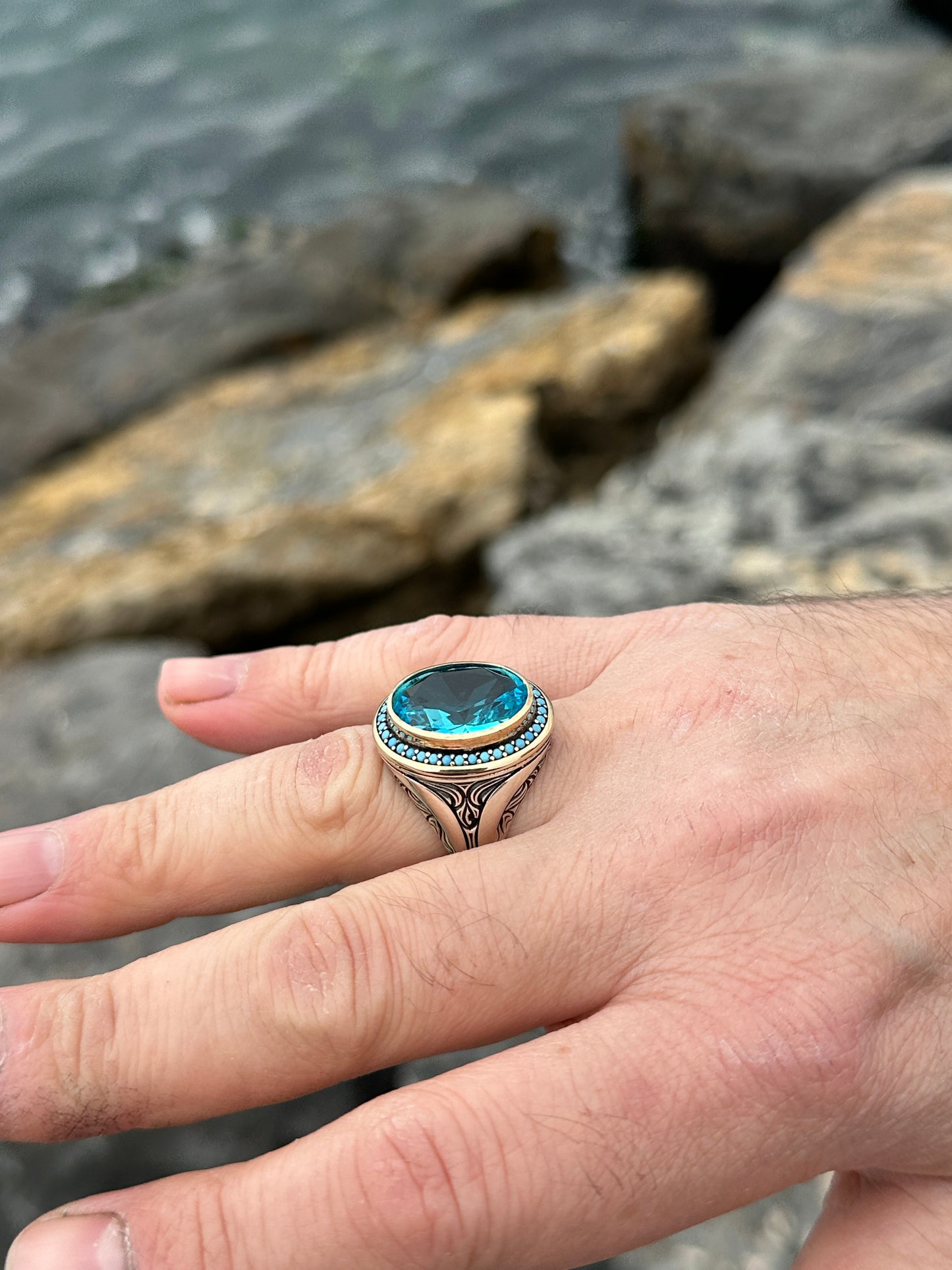 Silver Men Handmade Oval Ottoman Style Aquamarine Stone Ring