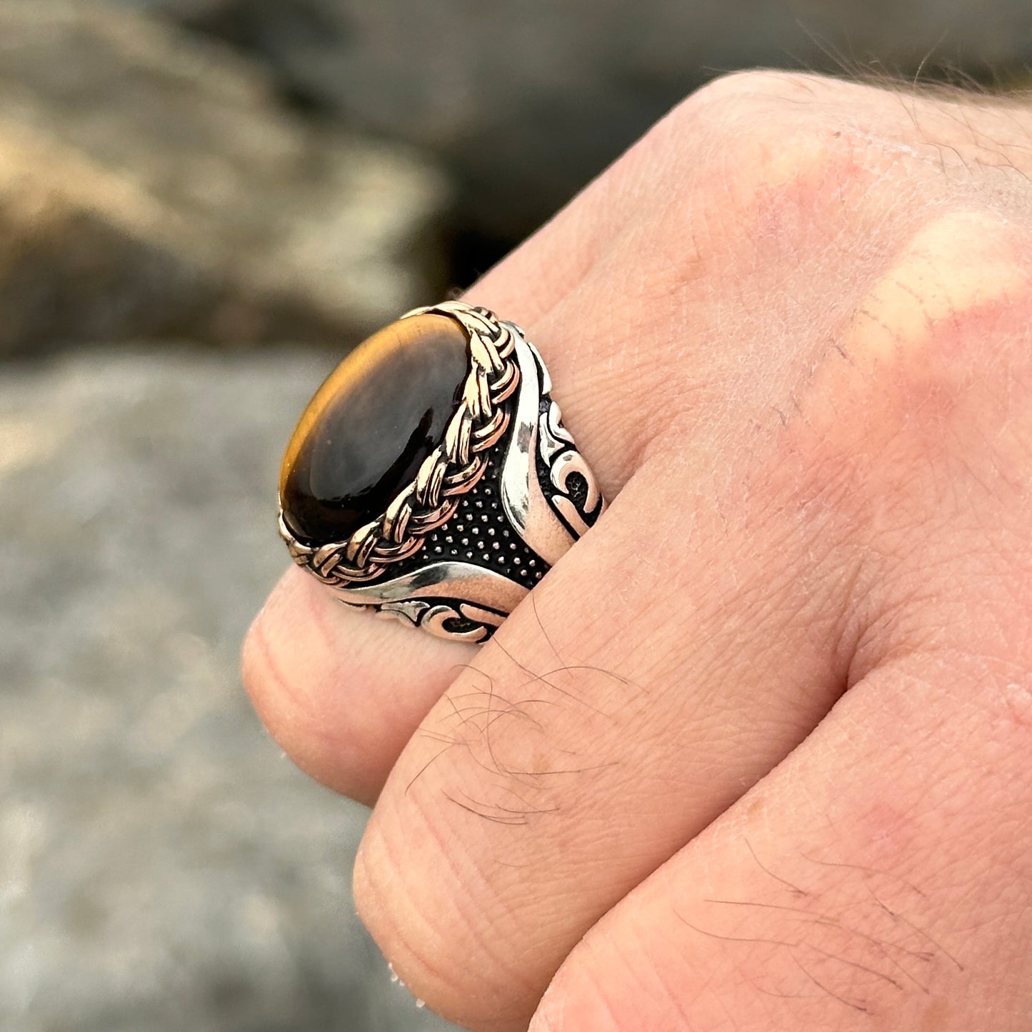 Men Handmade Oval Natural Tiger Eye Gemstone Ring