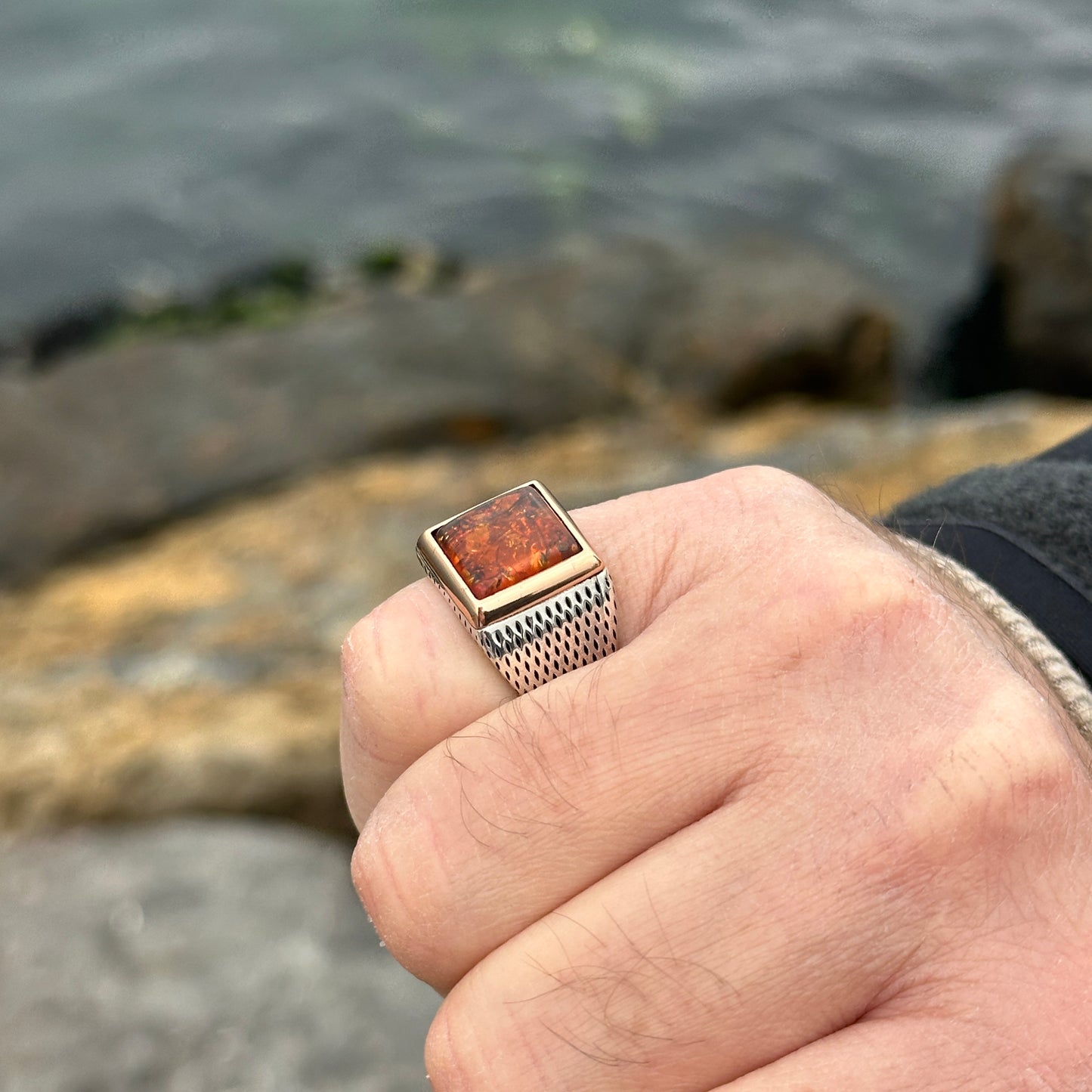Men Handmade Silver Amber Ring Square Amber Stone Ring