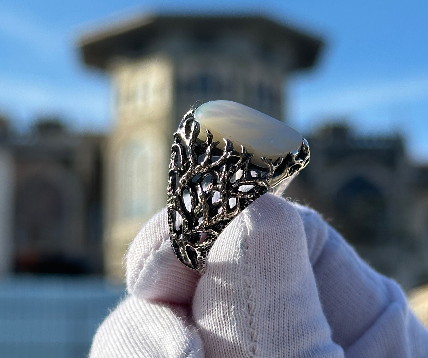 Mother Of Pearl Men Tree Of Life Silver Ring