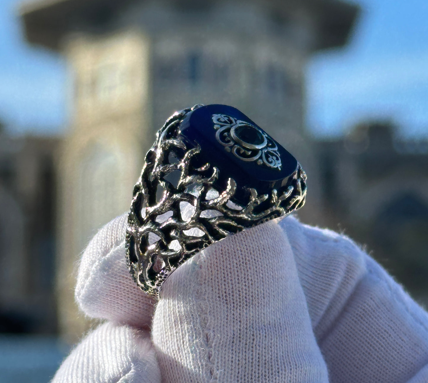 Men Blue Stone Tree Of Life Silver Tree Root Ring