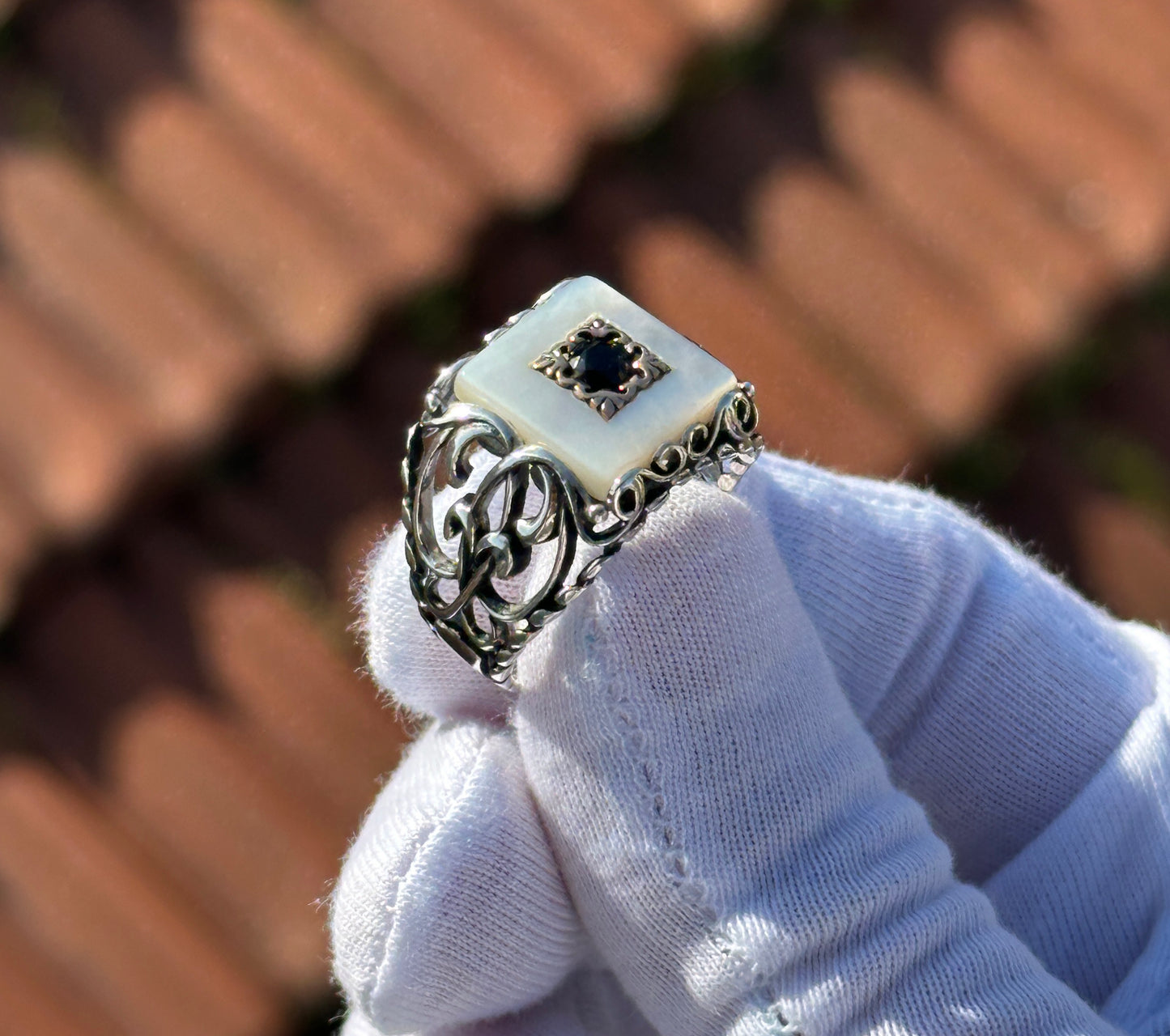 Men Silver Square Mother of Pearl Ring