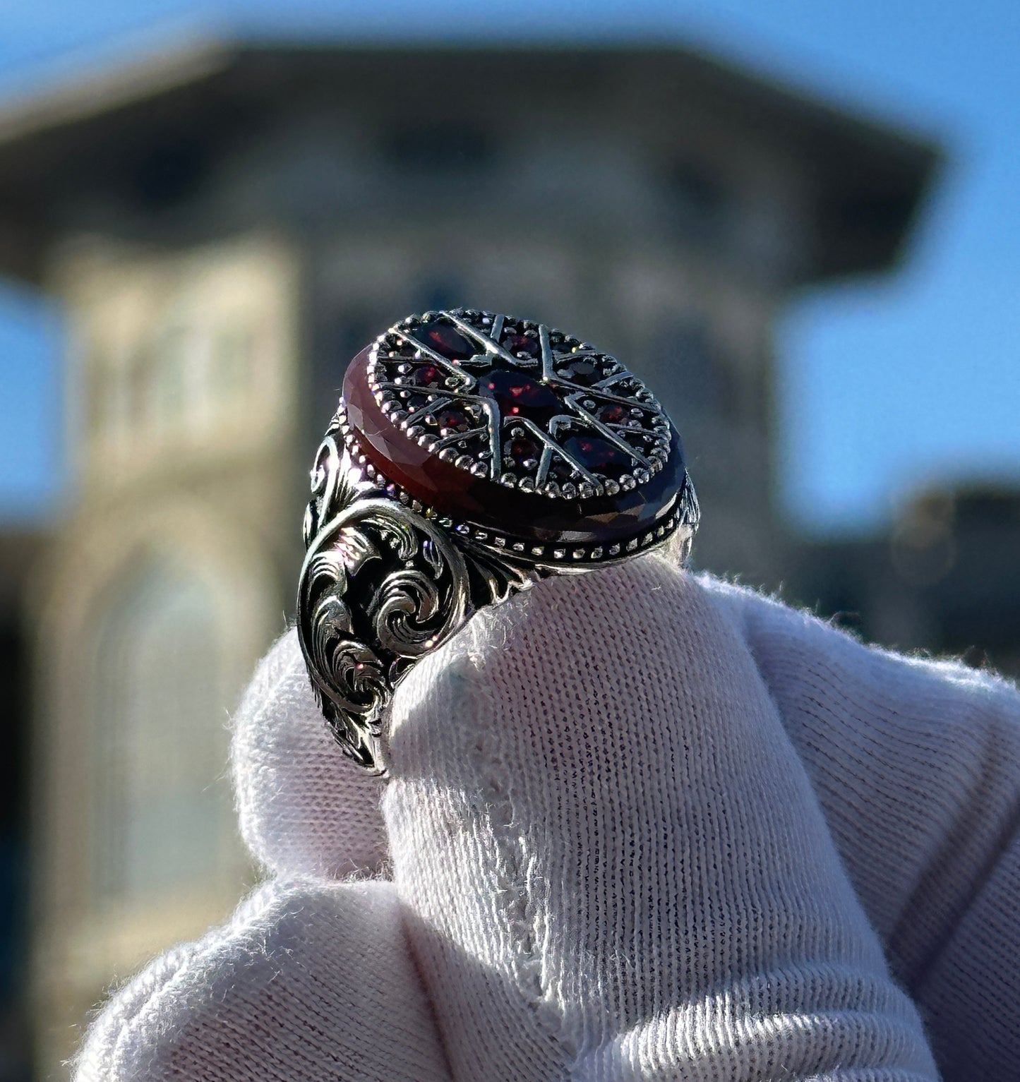 Sterling Silver Ruby Stone Ring Engraved Silver Ring