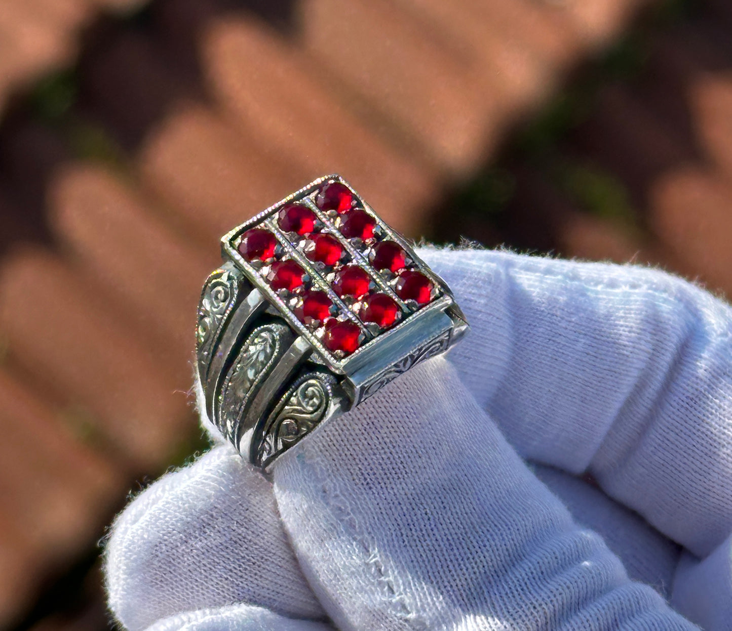 Silver Hand Engraved Ruby Stone Silver Ring