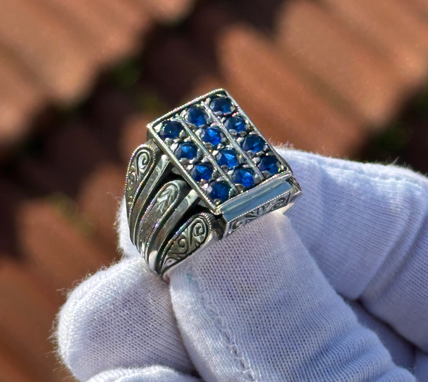 Silver Hand-Engraved Zircon Sapphire Man Ring