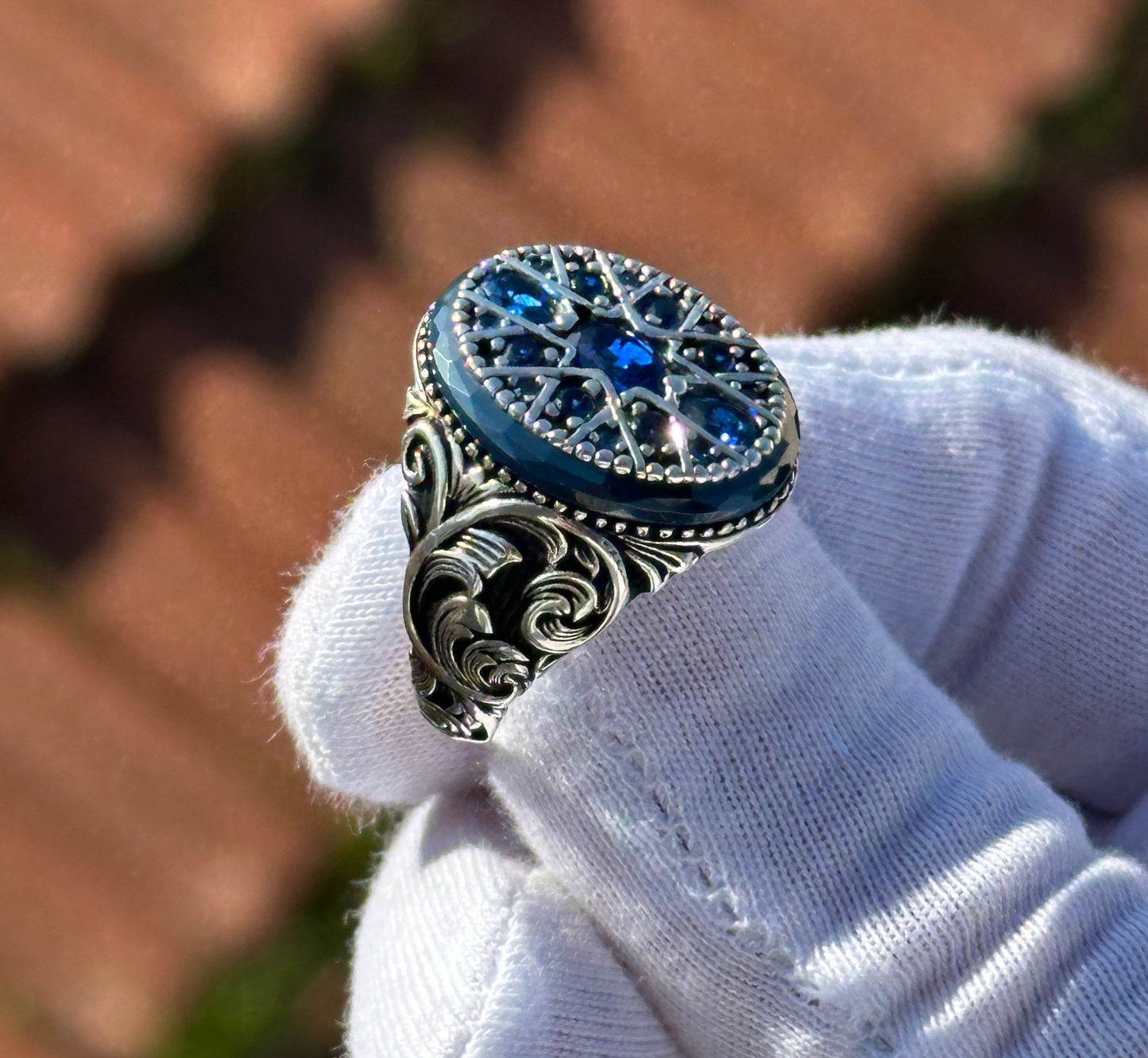 Mens 925k Sterling Silver Blue Sapphire Stone Men Ring