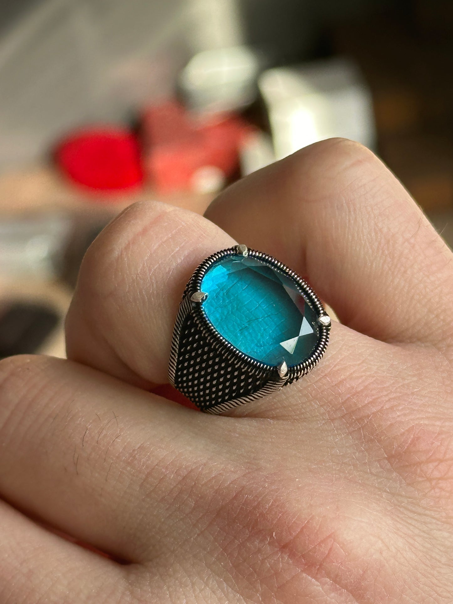 Men Silver Handmade Oval Aquamarine Stone Ring
