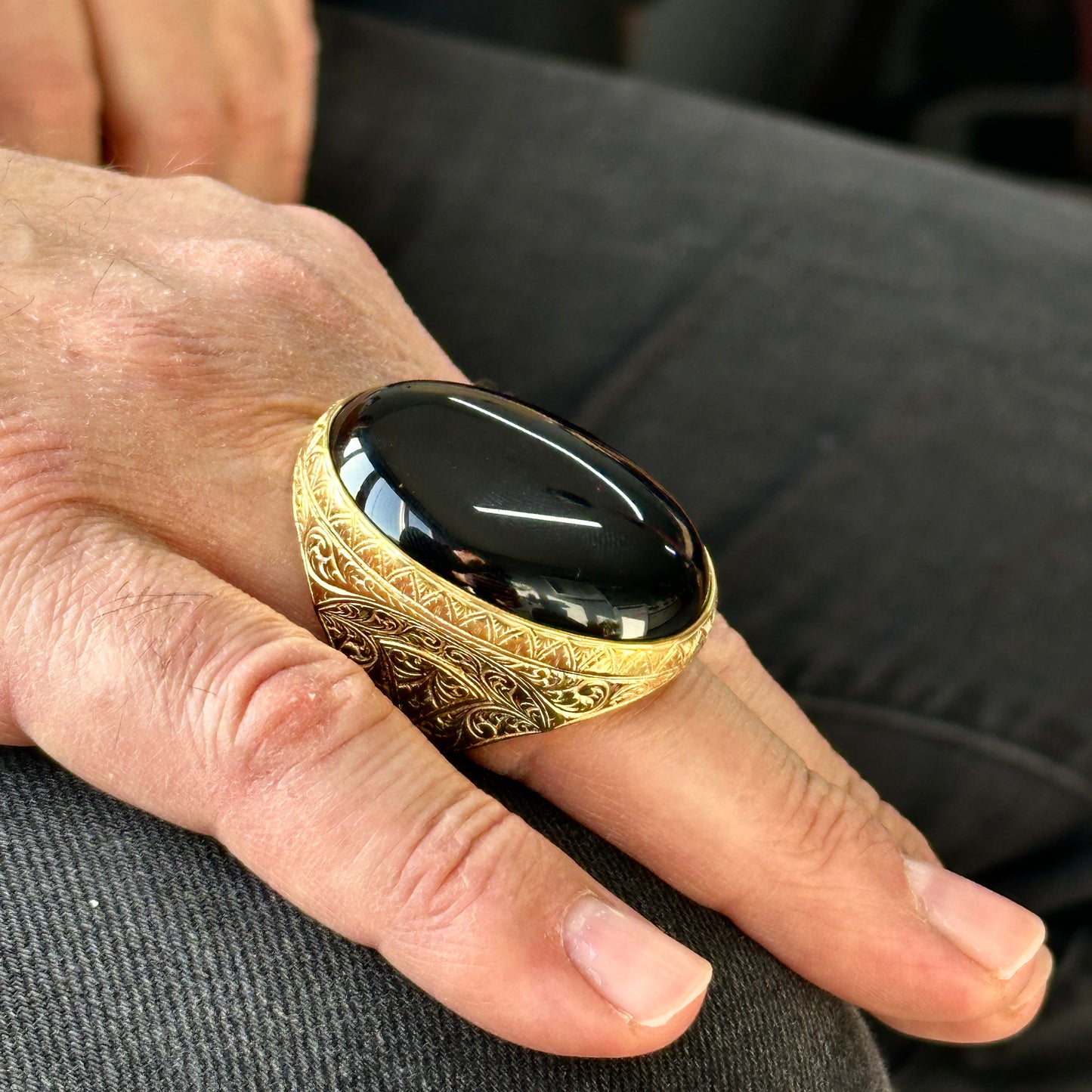 Men Silver Large Gold Plated Onyx Ring