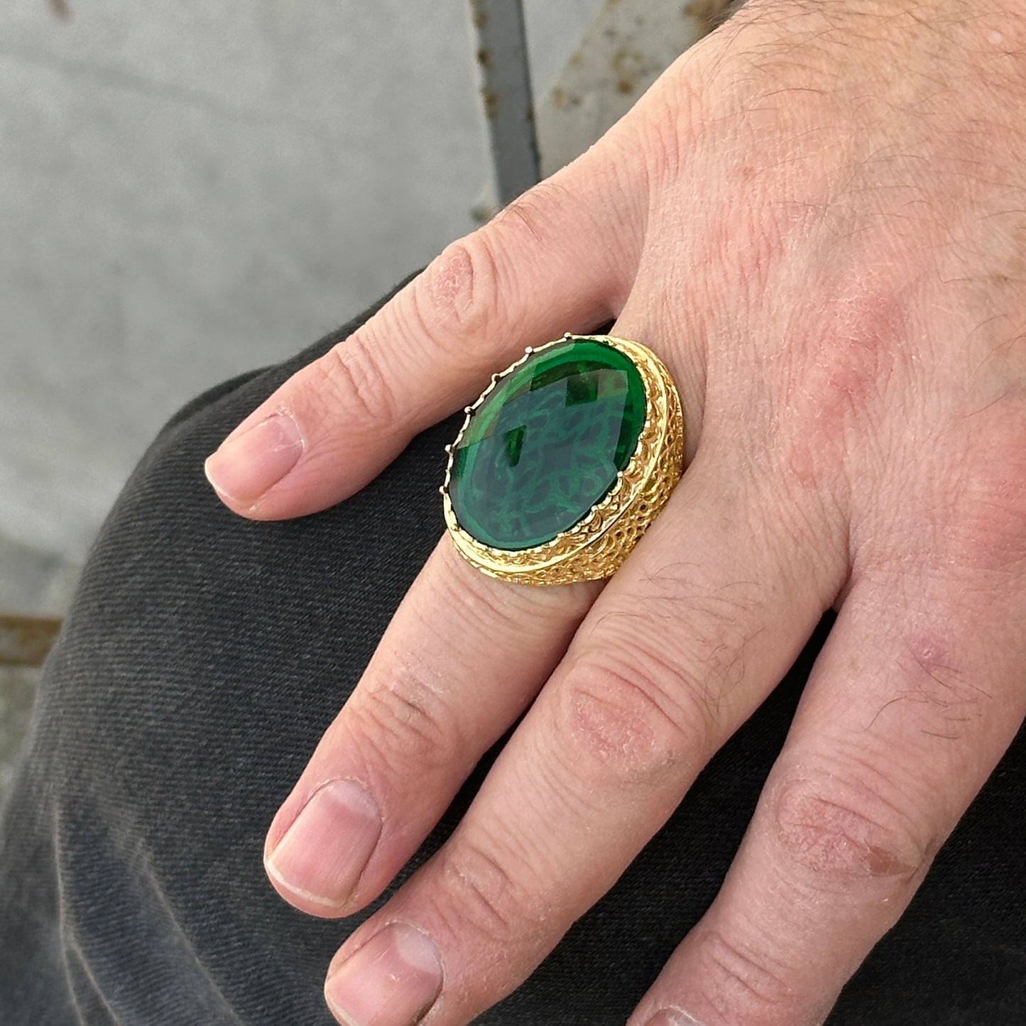 Men Large Gold Plated Emerald Gemstone Ring