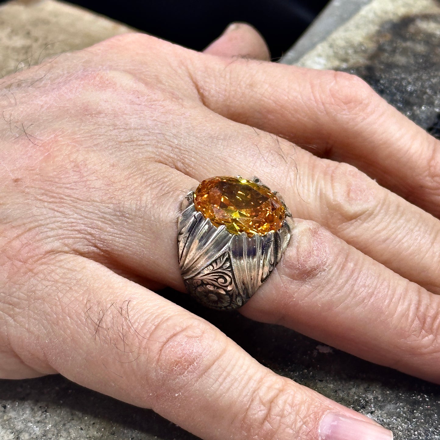 Men Handmade Engraved Natural Citrine Gemstone Ring