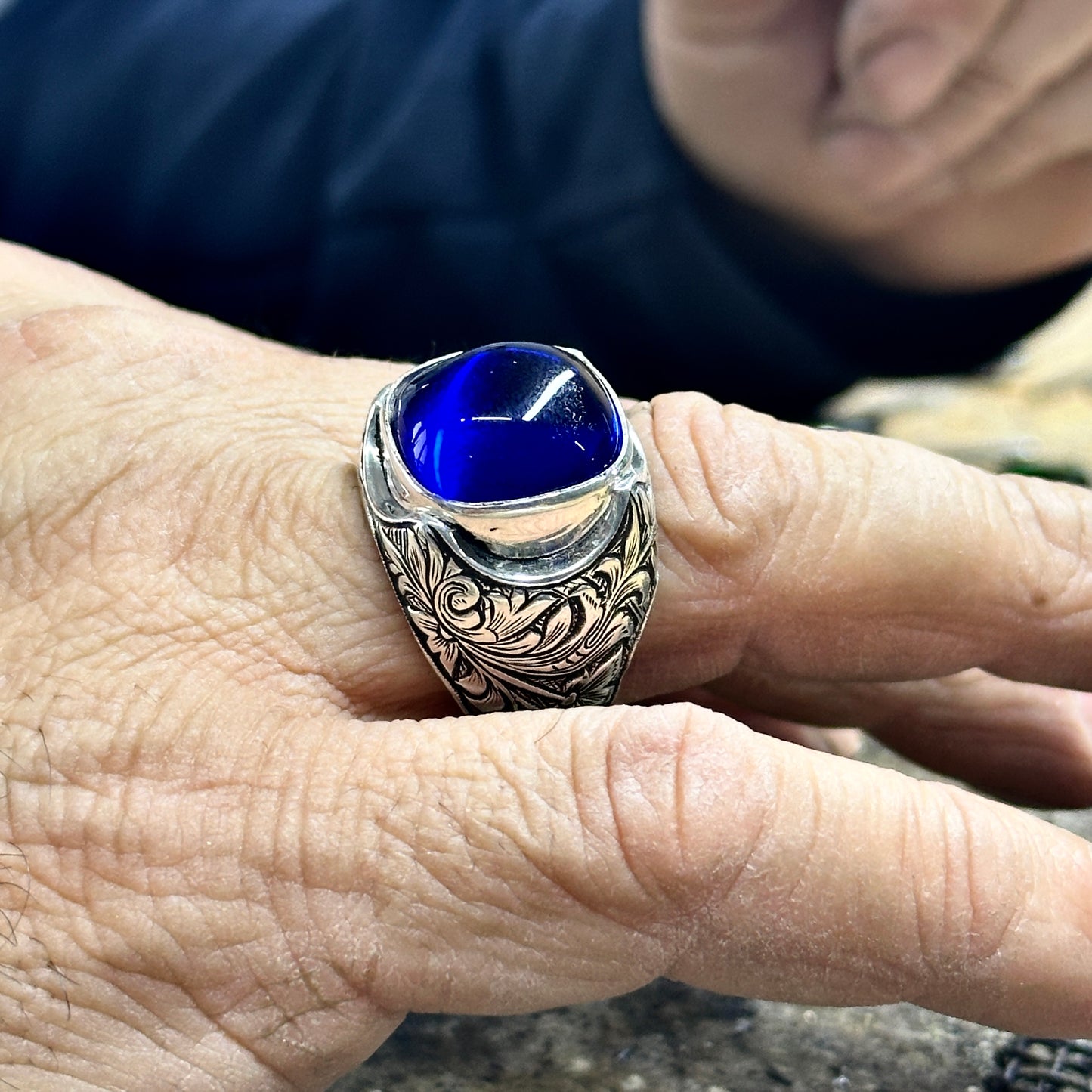 Silver Handmade Natural Sapphire Stone Engraved Ring
