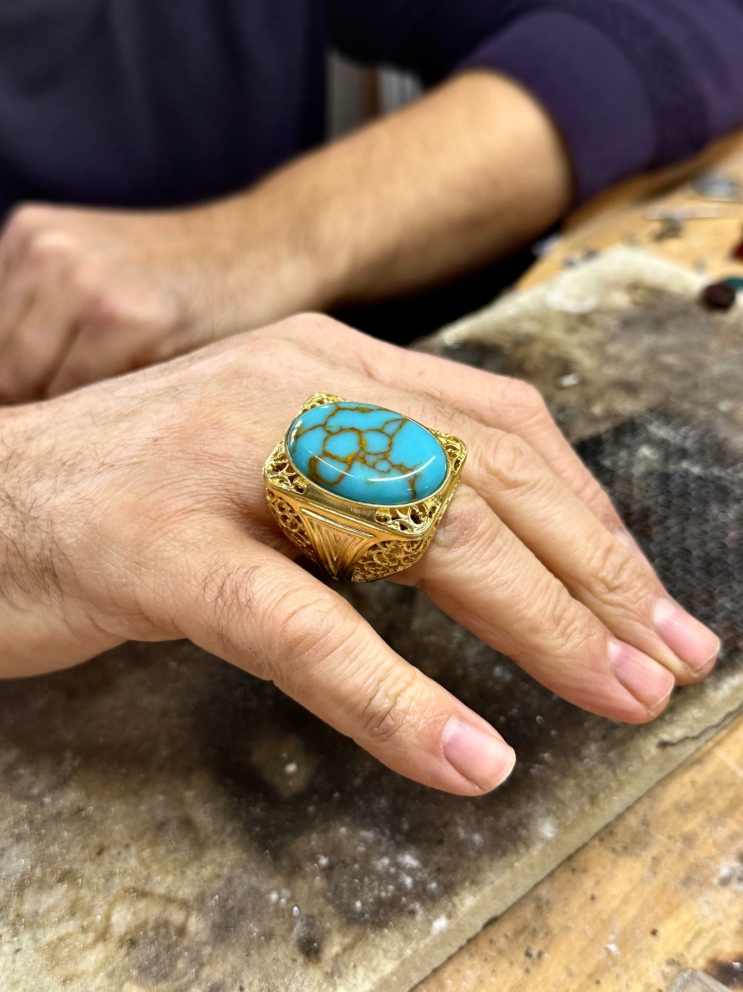 Men Silver Large Gold Plated Turquoise Stone Ring