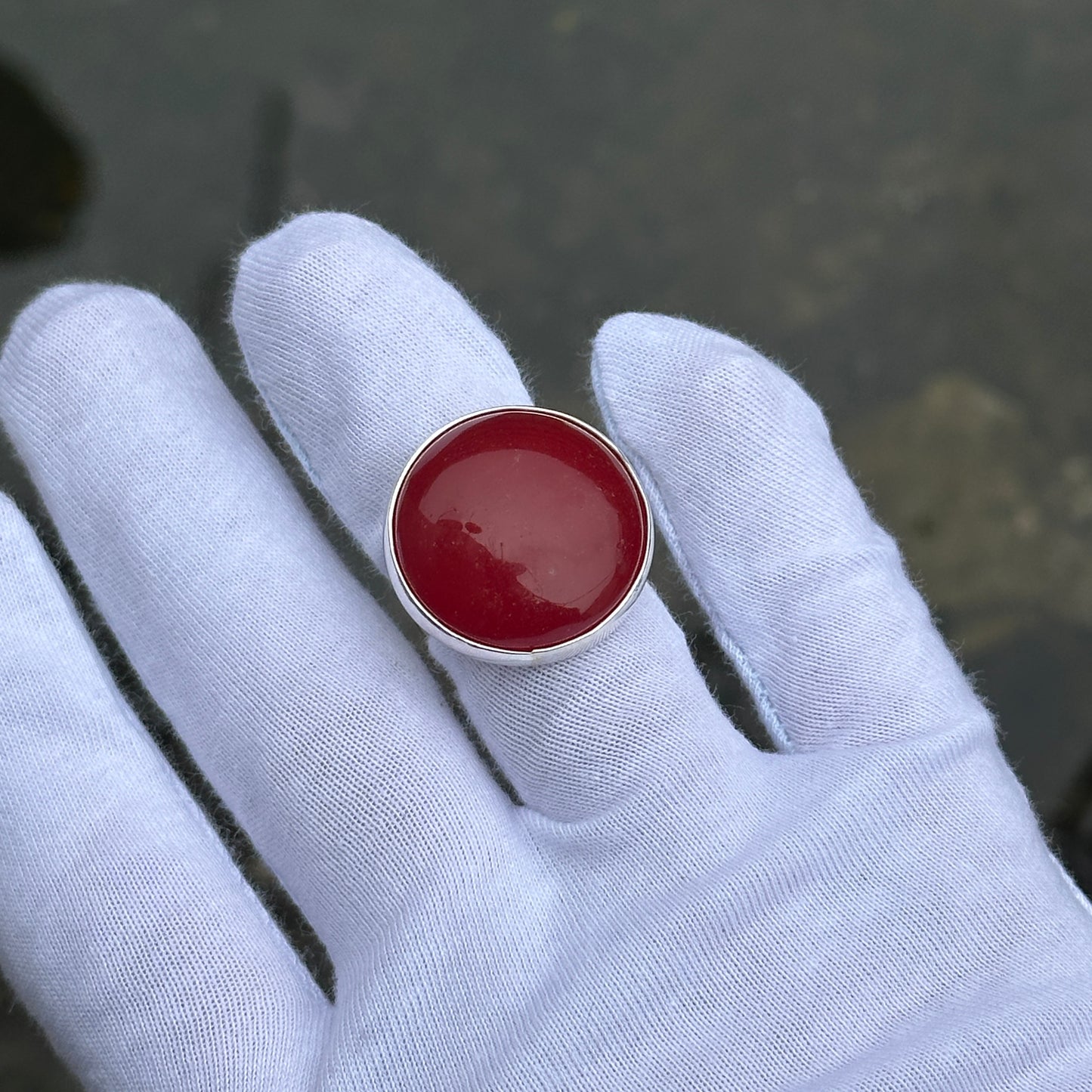 Silver Women Red Jade Stone Round Ring