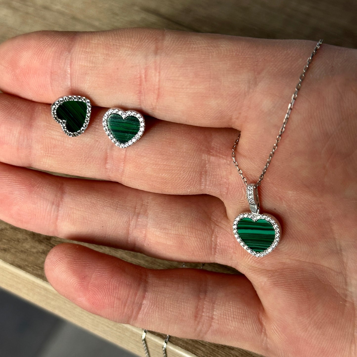 Women Malachite Gemstone Tiny Heart Necklace & Earrings Set