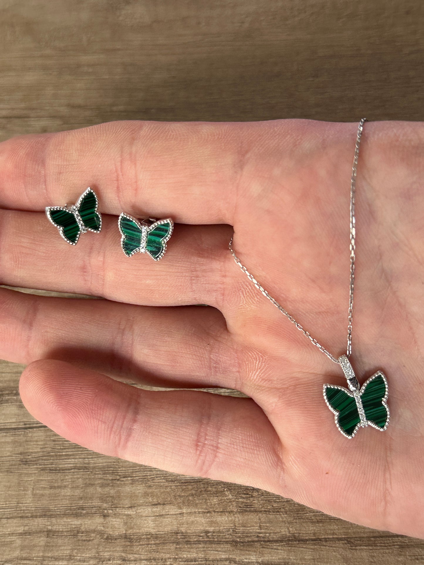 Women Silver Malachite Gemstone Butterfly Necklace Earrings Set