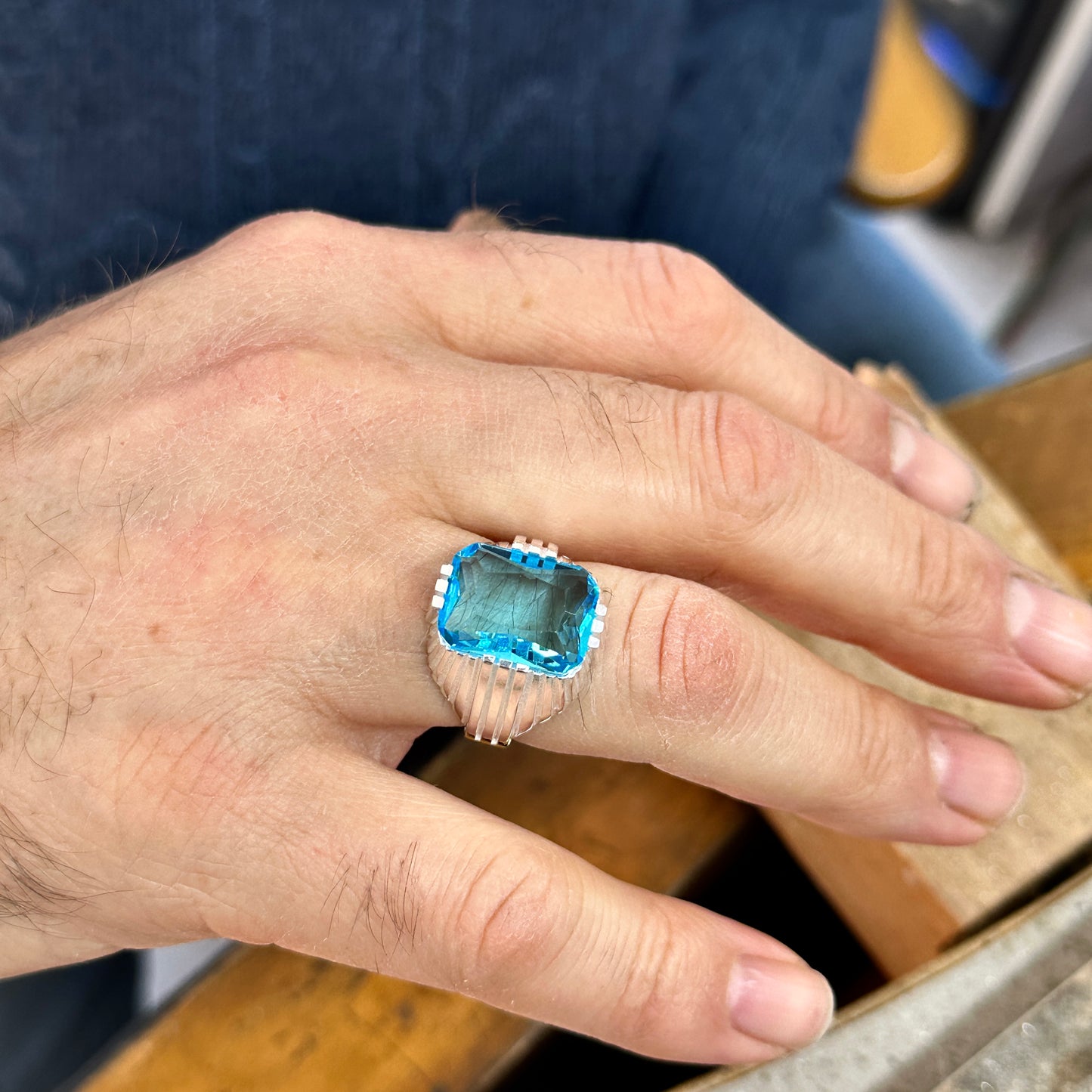 Men Silver Square Aquamarine Gemstone Ring